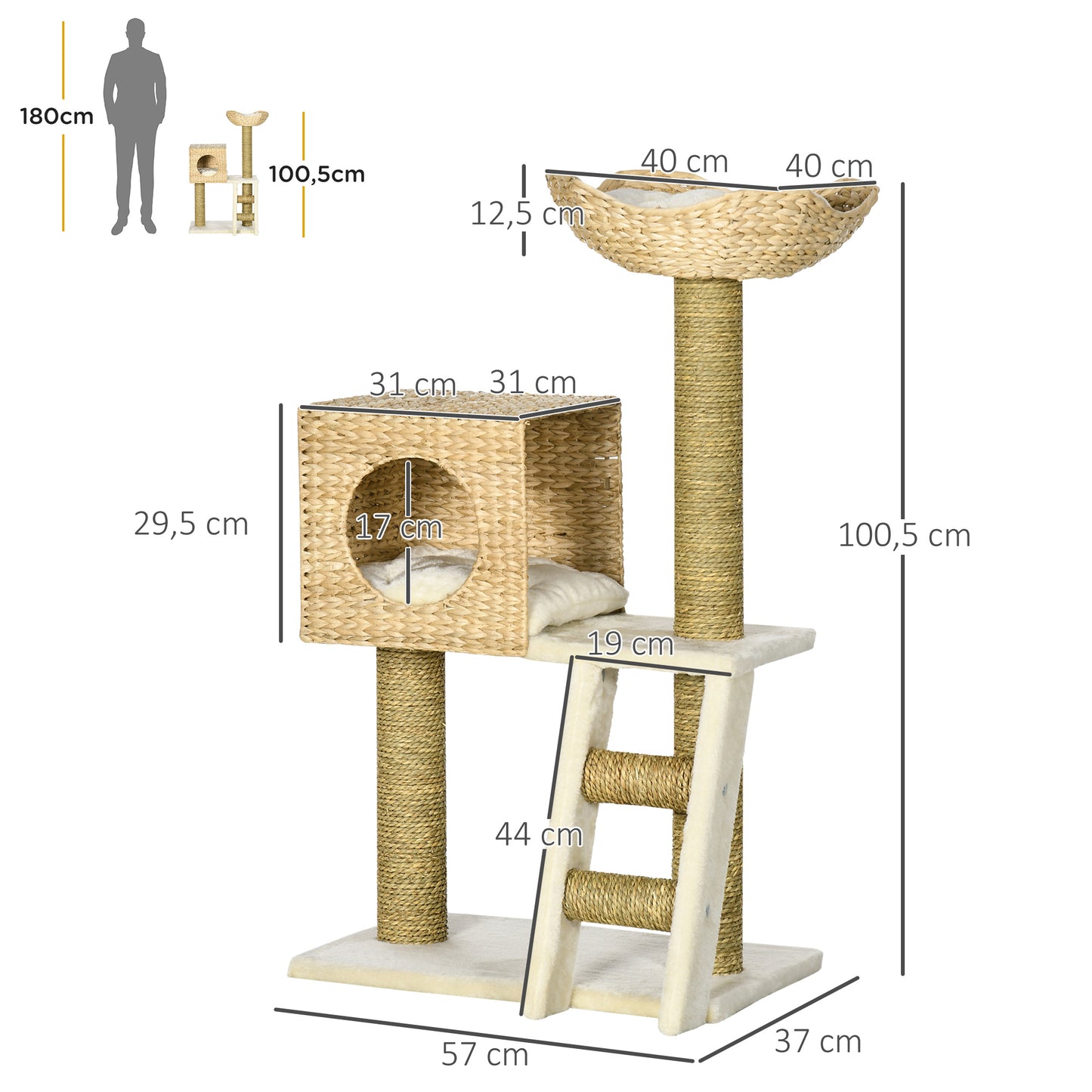 PawHut Árbol Rascador para Gatos Medianos Altura 100,5 cm Torre para Gatos con Cama Superior y Cueva de Totora 2 Cojines 2 Postes Escalera 57x37x100,5 cm Natural