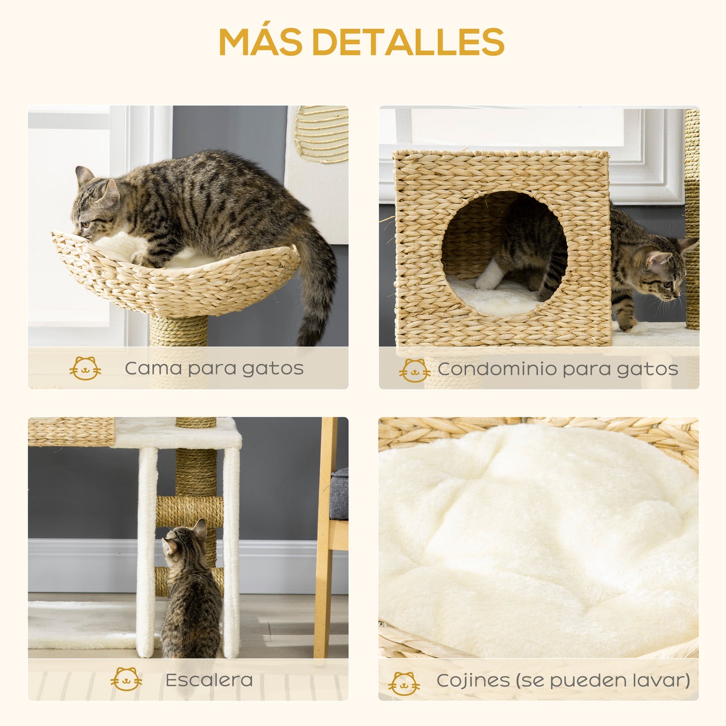 PawHut Árbol Rascador para Gatos Medianos Altura 100,5 cm Torre para Gatos con Cama Superior y Cueva de Totora 2 Cojines 2 Postes Escalera 57x37x100,5 cm Natural