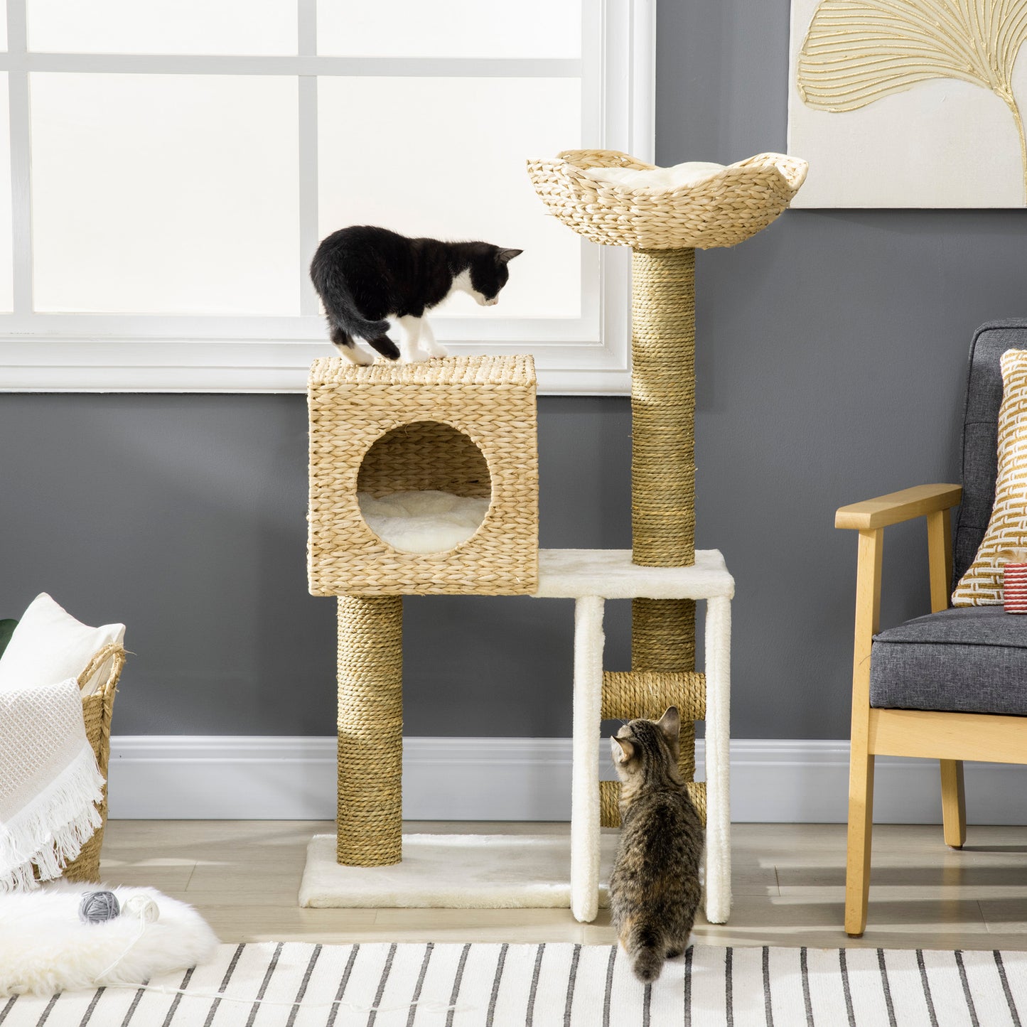 PawHut Árbol Rascador para Gatos Medianos Altura 100,5 cm Torre para Gatos con Cama Superior y Cueva de Totora 2 Cojines 2 Postes Escalera 57x37x100,5 cm Natural