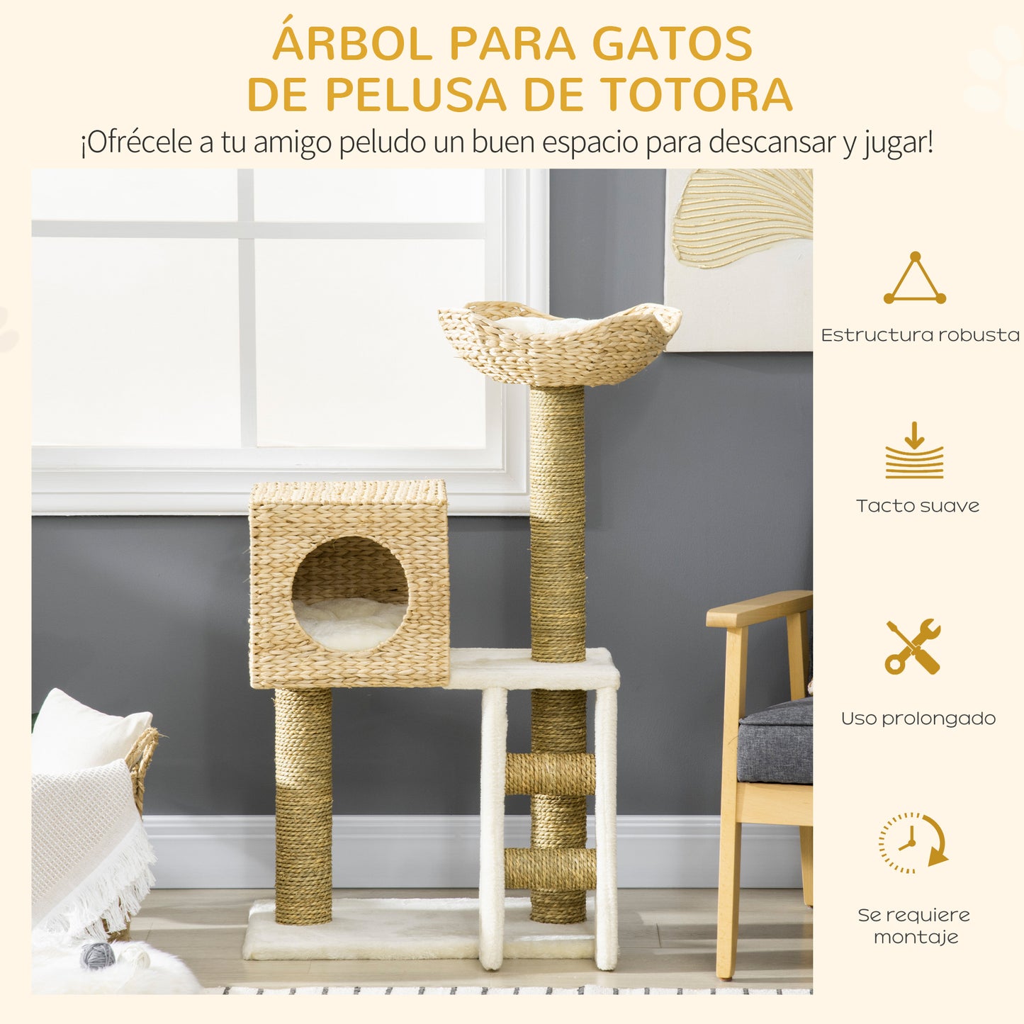 PawHut Árbol Rascador para Gatos Medianos Altura 100,5 cm Torre para Gatos con Cama Superior y Cueva de Totora 2 Cojines 2 Postes Escalera 57x37x100,5 cm Natural