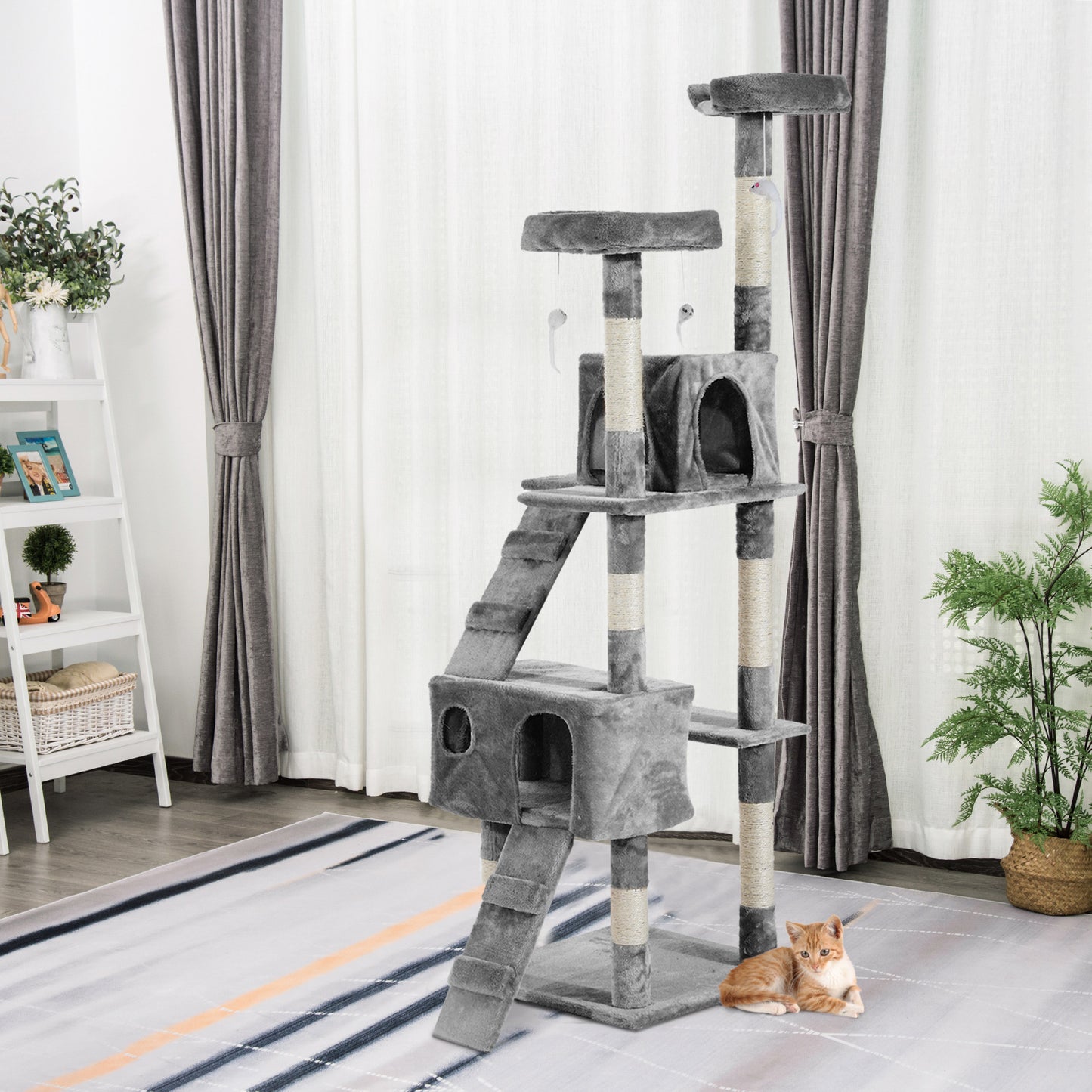 PawHut Árbol Rascador para Gatos Grande 49x49x173 cm con Múltiples Niveles con Cuevas Escaleras Juguetes Colgantes Camas Centro Actividades Sisal Gris