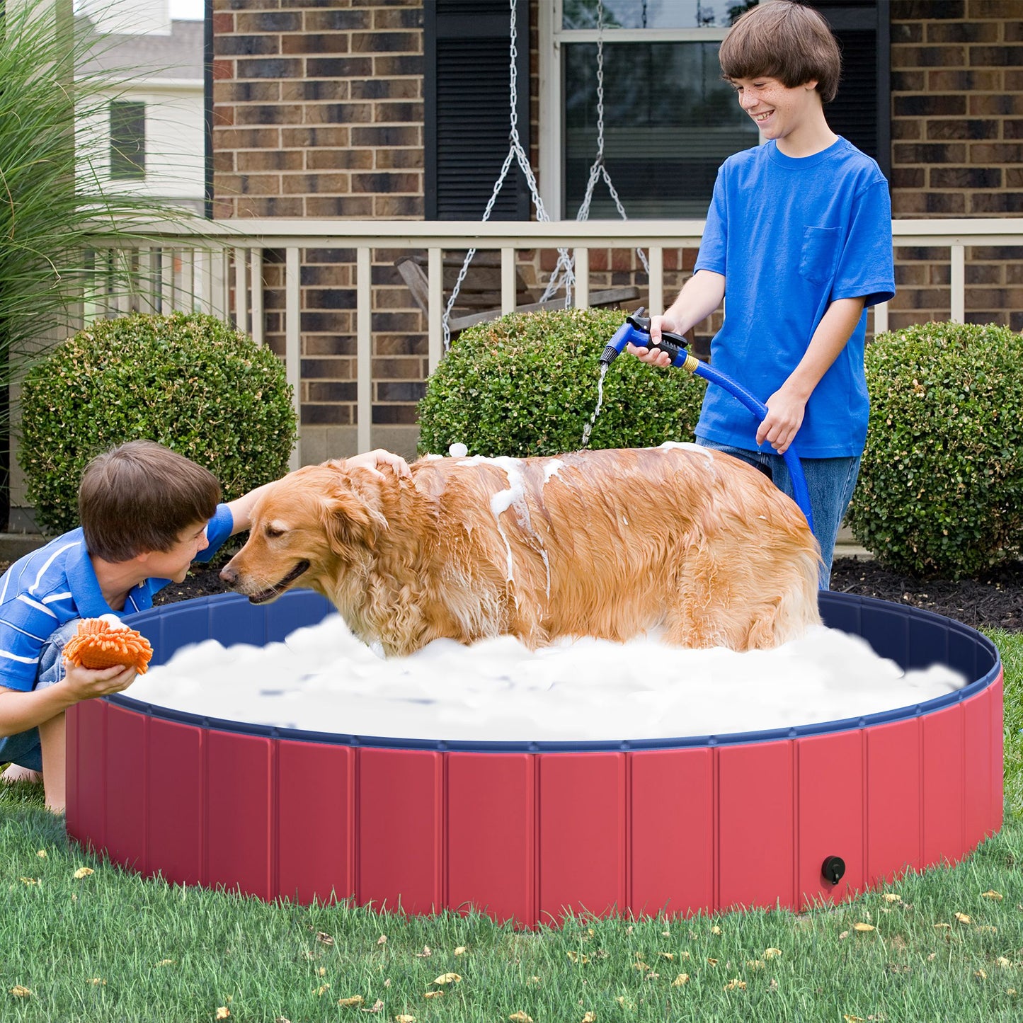 PawHut Piscina Plegable para Perros Gatos Ø160x30 cm Bañera Portátil para Mascotas PVC Antideslizante Múltiples Usos para Interiores y Exteriores Rojo