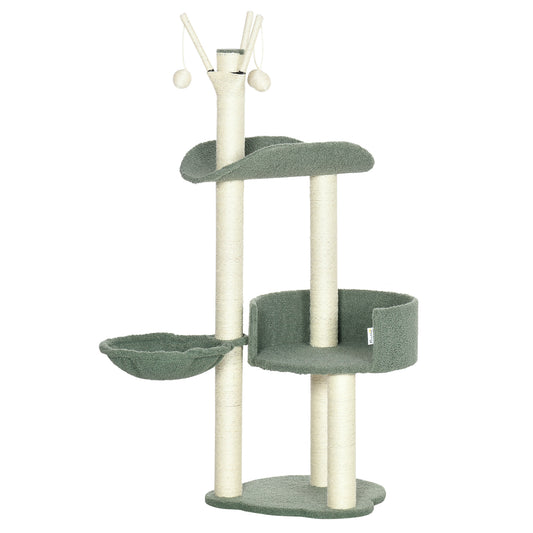 PawHut Árbol Rascador para Gatos Torre para Gatos Altura 123 cm con Hamaca Camas Postes de Sisal y Bolas de Juego 44x43x123 cm Verde y Crema