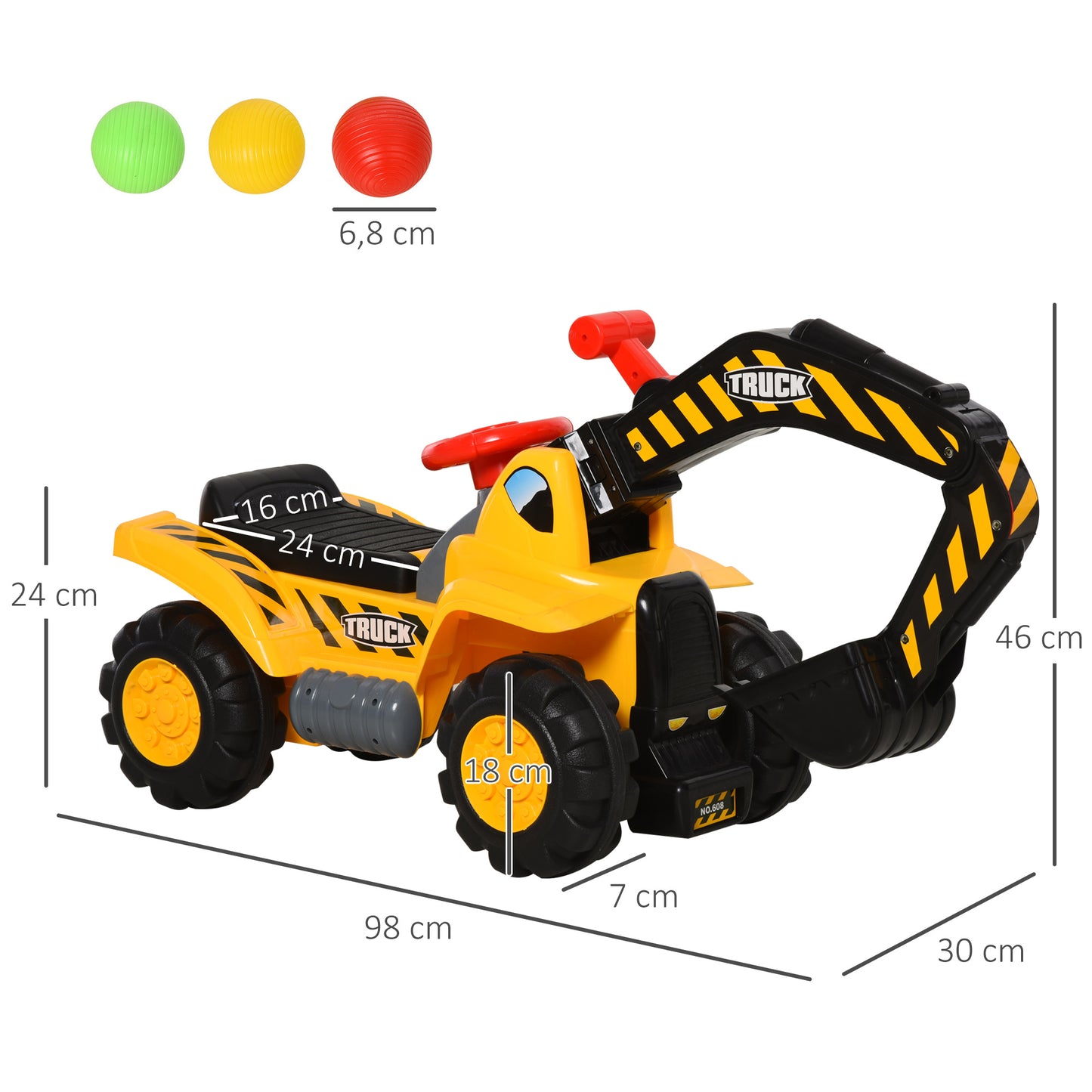 HOMCOM 4 en 1 Excavadora Juguete para Niños +18 Meses Tractor Infantil con Pala Caja Oculta de Almacenaje Aro de Baloncesto Volante Giratorio 98x30x46 cm Amarillo