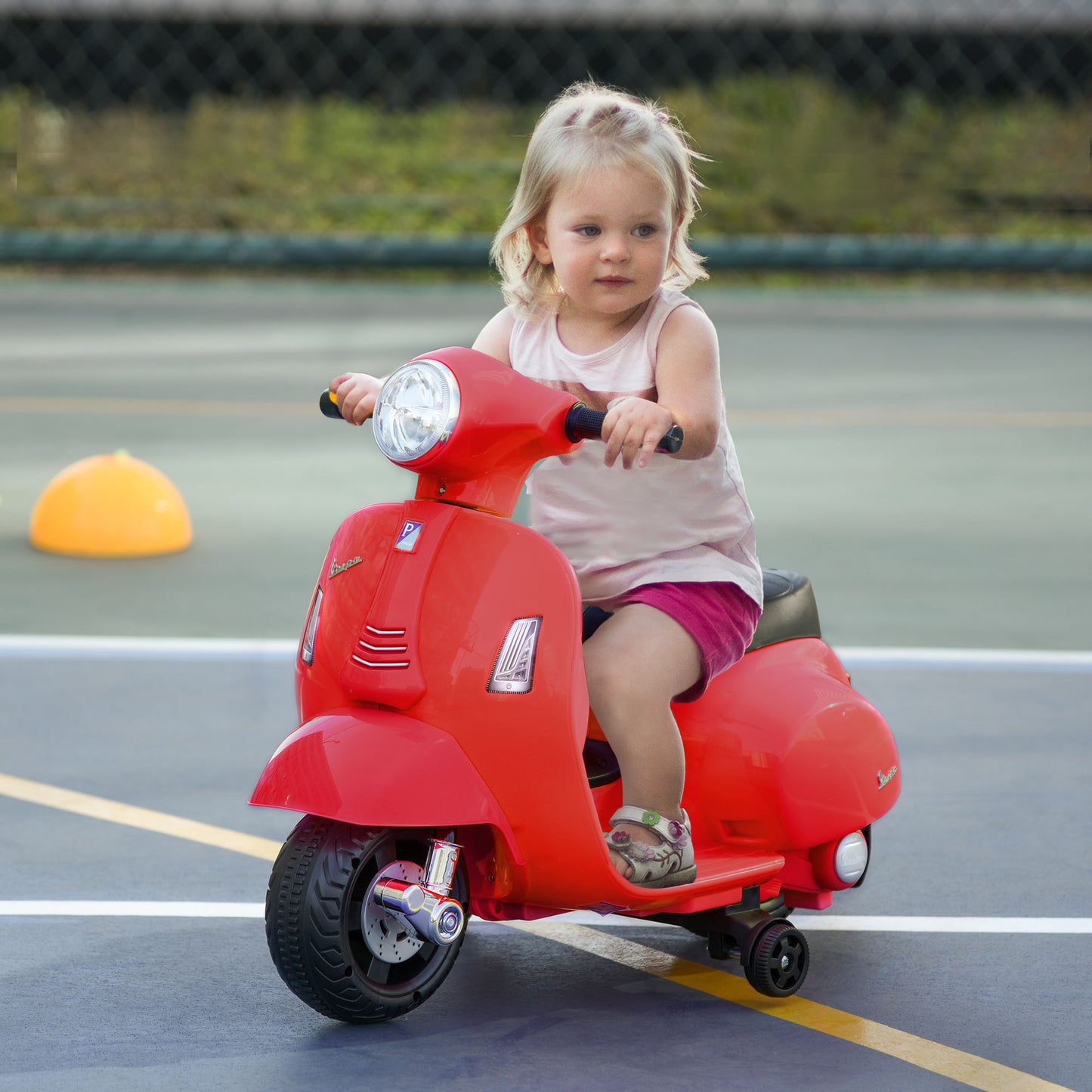 HOMCOM Moto Eléctrica Vespa para Niños de 18-36 Meses Moto de Batería 6V con Faro Bocina y 4 Ruedas Motocicleta Infantil con Licencia 66,5x38x52 cm Rojo