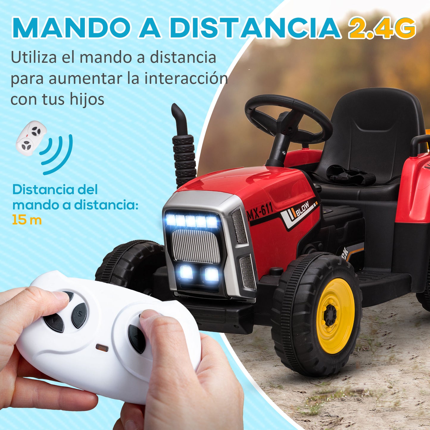 HOMCOM Tractor Eléctrico con Remolque Desmontable Coche Eléctrico para Niños 3-6 Años con Control Remoto Música MP3 Pantalla Luces y Cinturón de Seguridad 136,5x50x52,5 cm Rojo