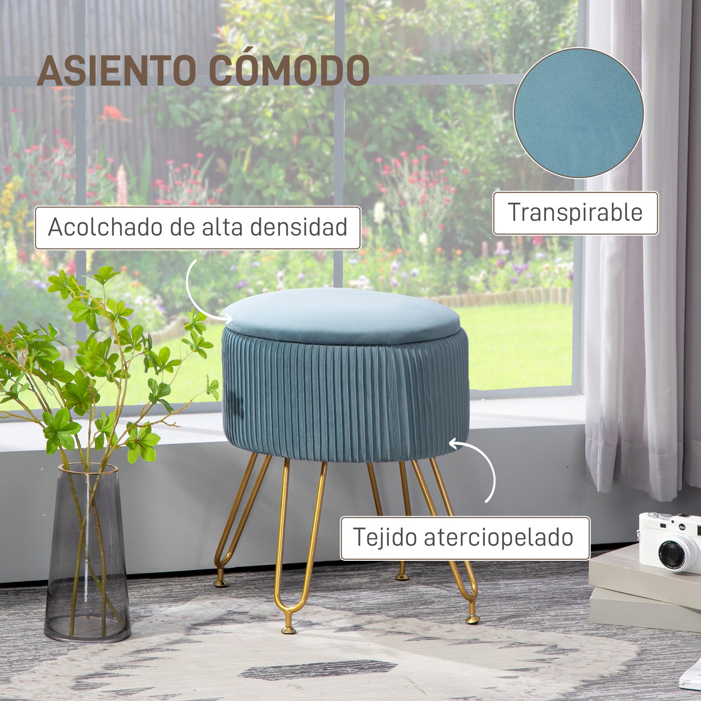 HOMCOM Baúl de Almacenaje para Dormitorio Puff Almacenaje Tapizado en Terciopelo Banco de Almacenaje con Patas de Acero para Pasillo Salón Ø40x48 cm Azul Claro