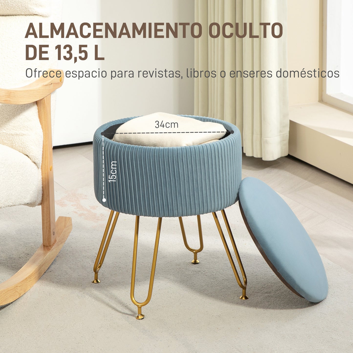 HOMCOM Baúl de Almacenaje para Dormitorio Puff Almacenaje Tapizado en Terciopelo Banco de Almacenaje con Patas de Acero para Pasillo Salón Ø40x48 cm Azul Claro