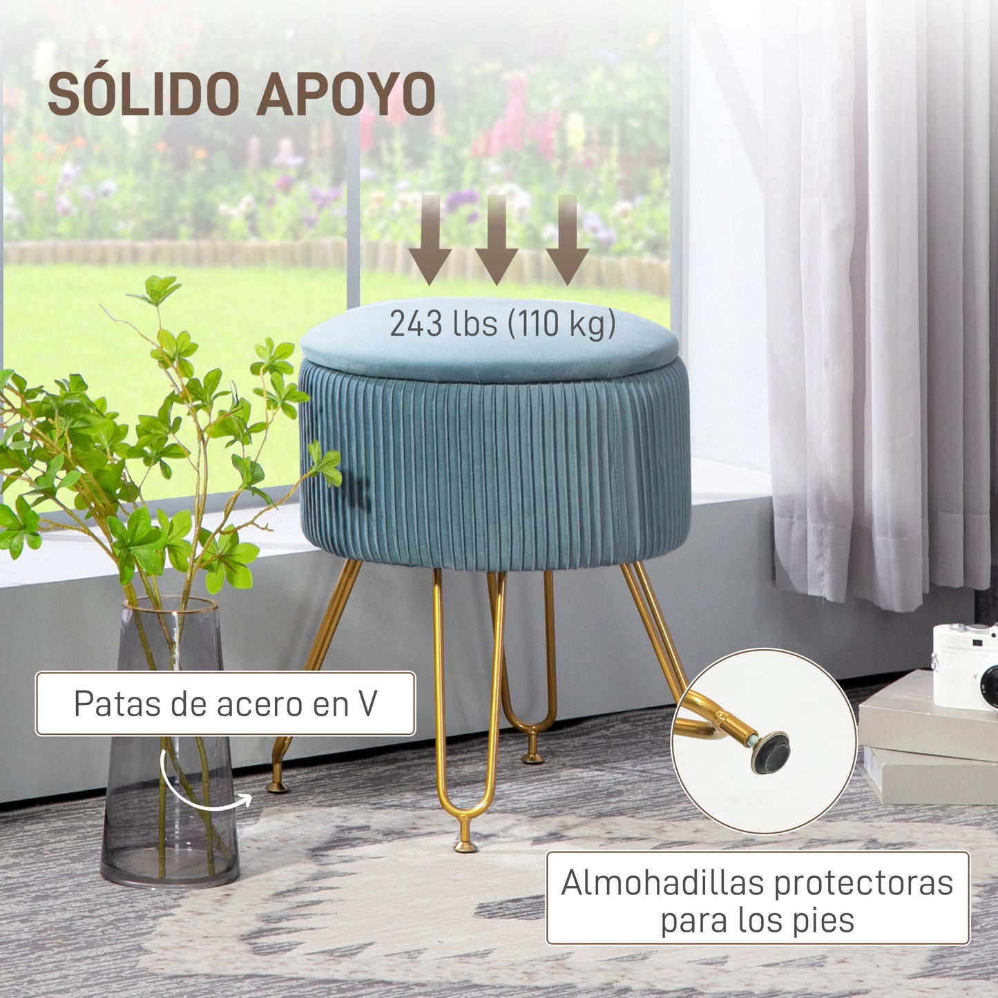 HOMCOM Baúl de Almacenaje para Dormitorio Puff Almacenaje Tapizado en Terciopelo Banco de Almacenaje con Patas de Acero para Pasillo Salón Ø40x48 cm Azul Claro