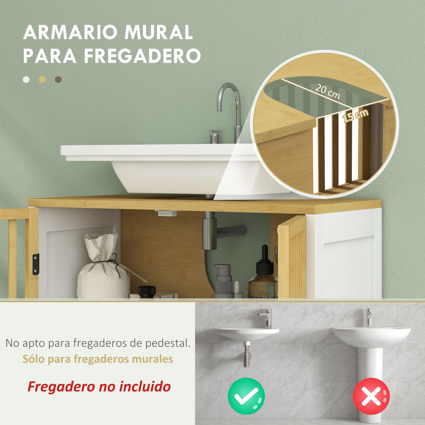 HOMCOM Conjunto de Baño Incluye 1 Mueble para Debajo del Lavabo 1 Columna de Baño y 1 Espejo de Baño Rectangular con Puerta de Bambú Estilo Moderno Blanco