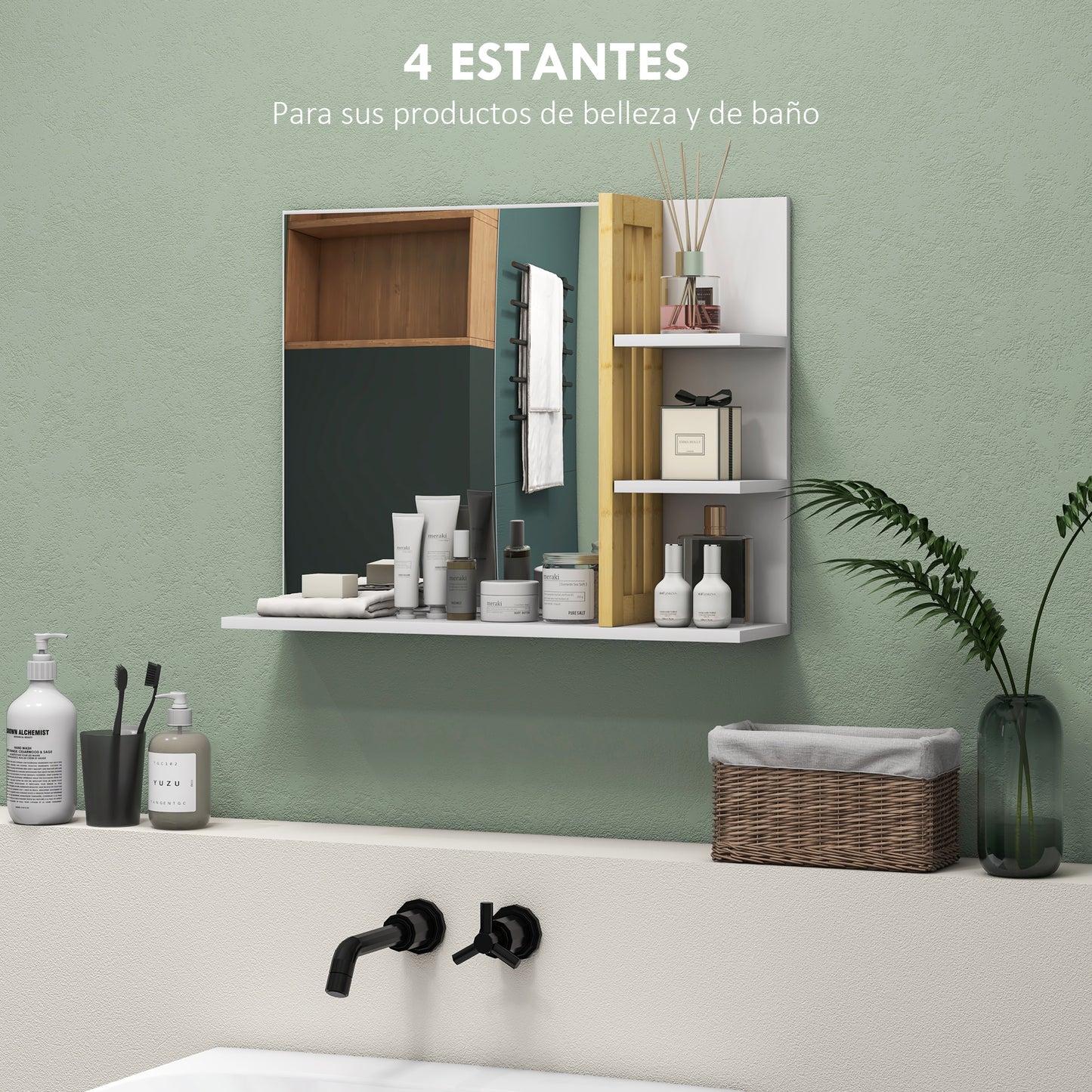 HOMCOM Conjunto de Baño Incluye 1 Mueble para Debajo del Lavabo 1 Columna de Baño y 1 Espejo de Baño Rectangular con Puerta de Bambú Estilo Moderno Blanco