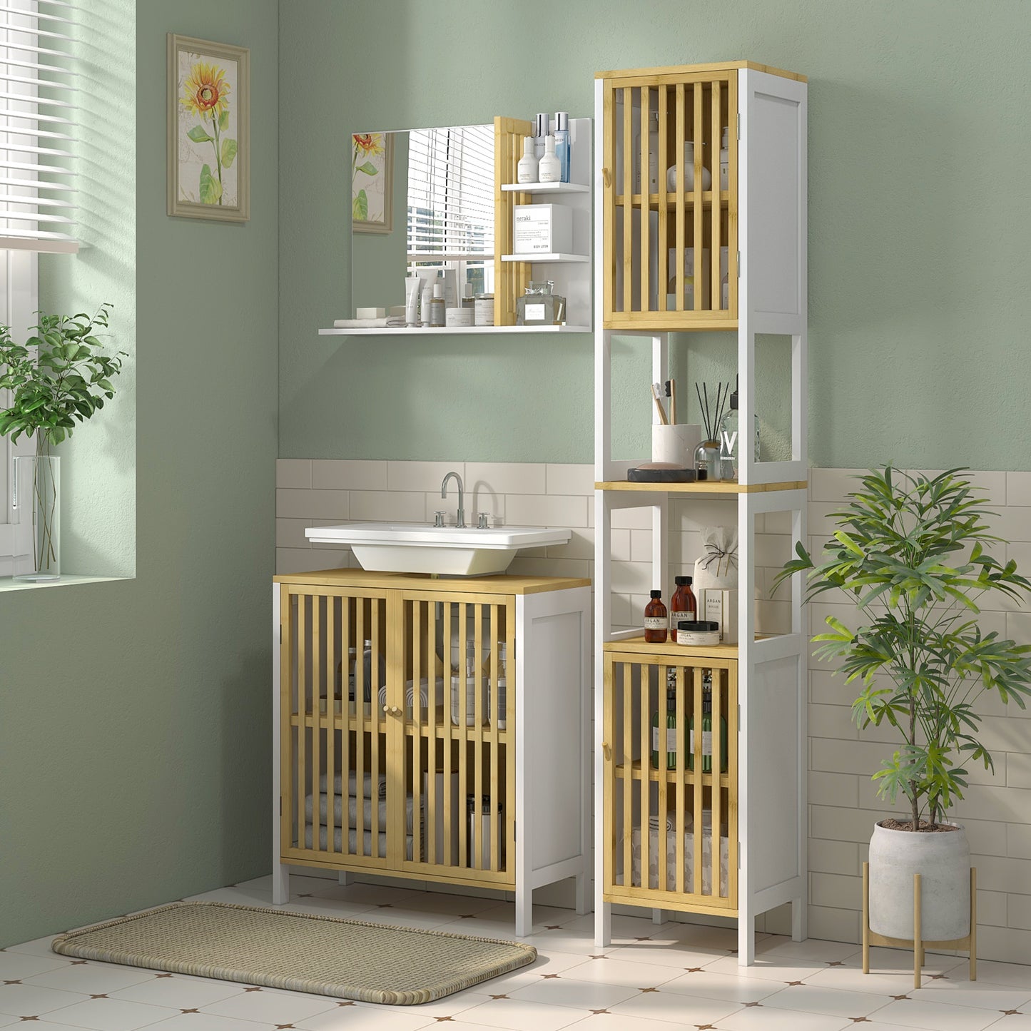 HOMCOM Conjunto de Baño Incluye 1 Mueble para Debajo del Lavabo 1 Columna de Baño y 1 Espejo de Baño Rectangular con Puerta de Bambú Estilo Moderno Blanco