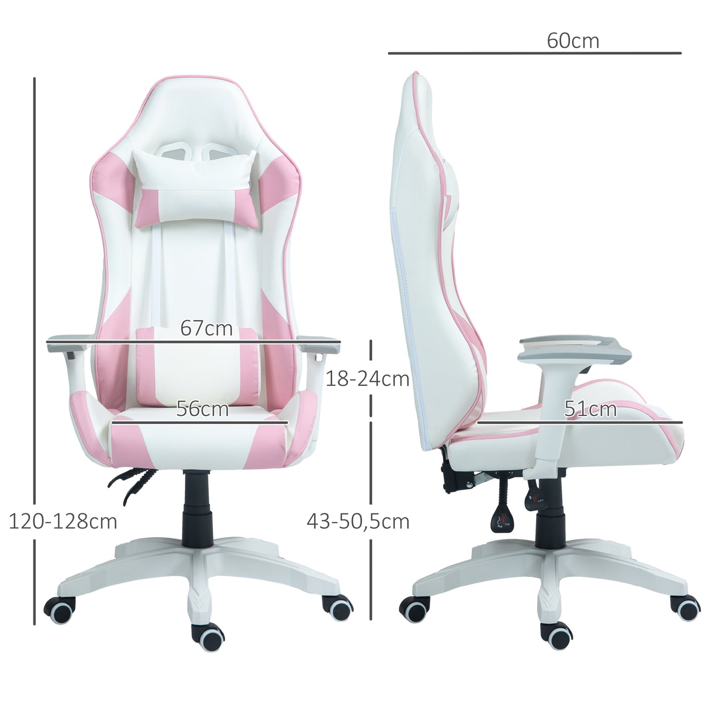 HOMCOM Silla Gaming Reclinable Silla Gamer Giratoria Silla de Oficina Basculante con Cojín Lumbar Reposabrazos 3D Reposacabezas Extraíble y Altura Ajustable 67x60x120-128 cm Blanco y Rosa