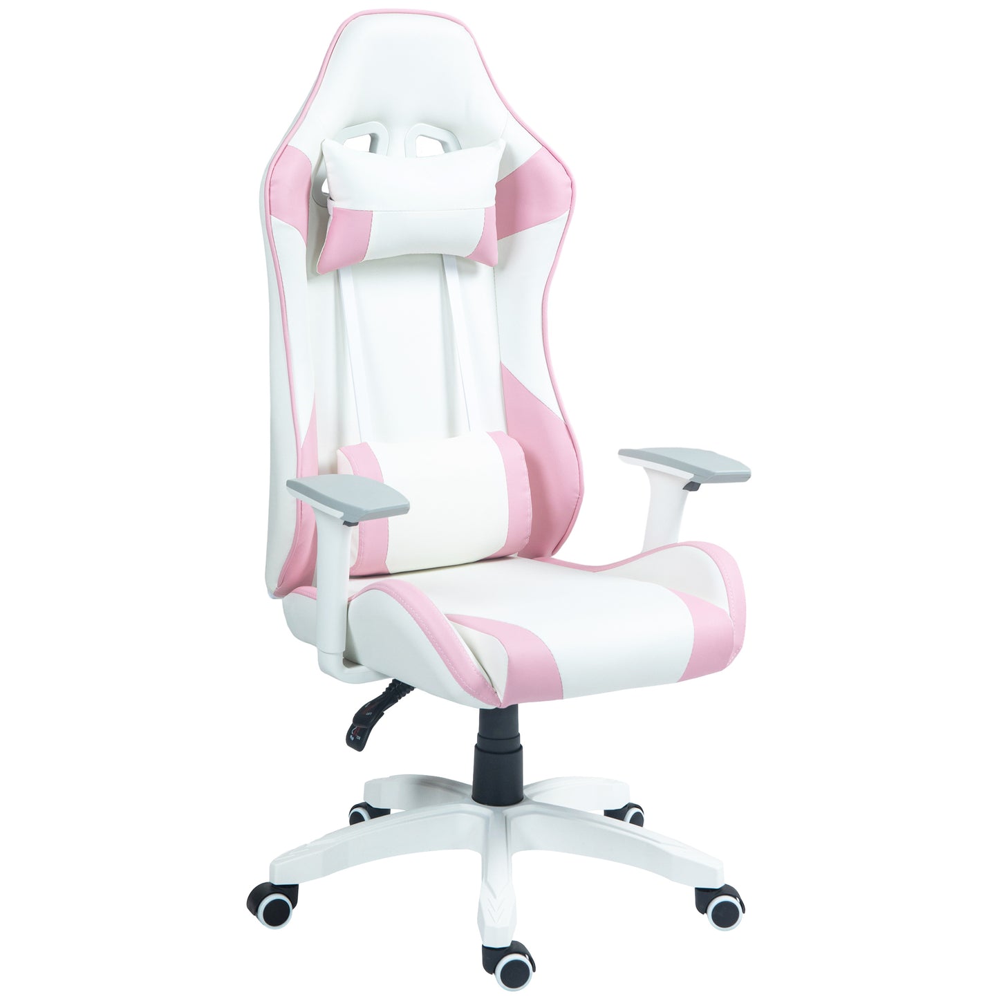 HOMCOM Silla Gaming Reclinable Silla Gamer Giratoria Silla de Oficina Basculante con Cojín Lumbar Reposabrazos 3D Reposacabezas Extraíble y Altura Ajustable 67x60x120-128 cm Blanco y Rosa