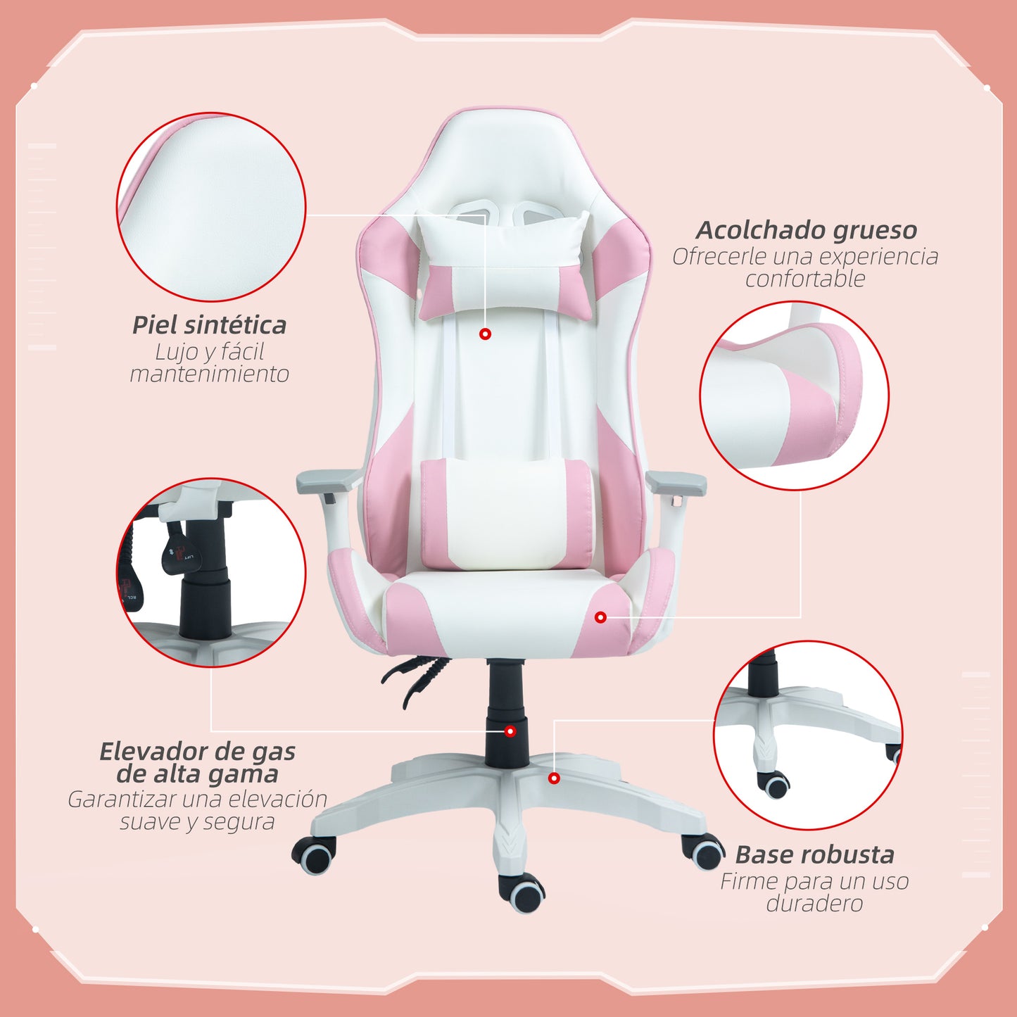 HOMCOM Silla Gaming Reclinable Silla Gamer Giratoria Silla de Oficina Basculante con Cojín Lumbar Reposabrazos 3D Reposacabezas Extraíble y Altura Ajustable 67x60x120-128 cm Blanco y Rosa