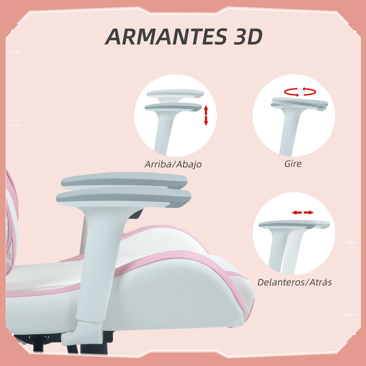 HOMCOM Silla Gaming Reclinable Silla Gamer Giratoria Silla de Oficina Basculante con Cojín Lumbar Reposabrazos 3D Reposacabezas Extraíble y Altura Ajustable 67x60x120-128 cm Blanco y Rosa