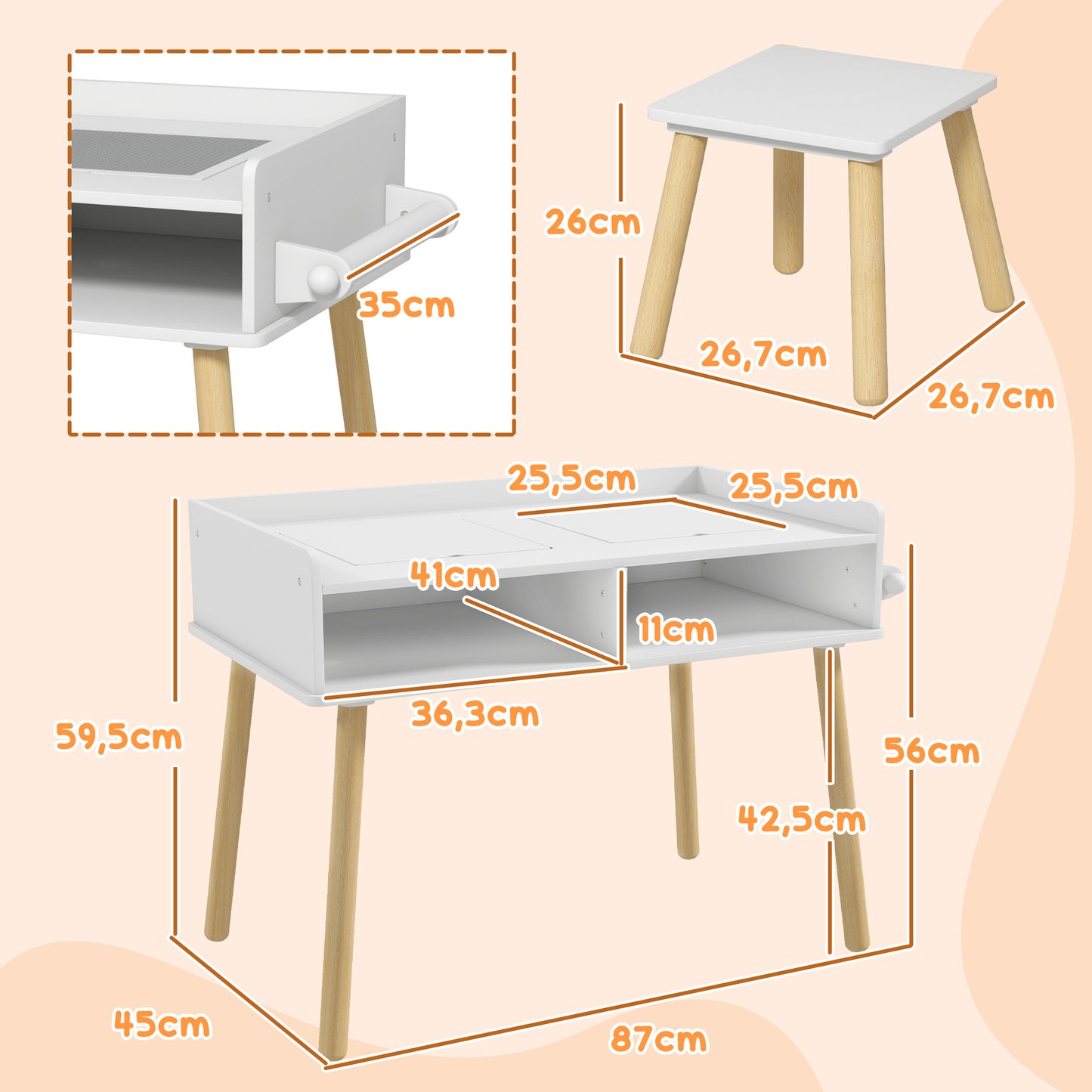 HOMCOM Juego de Mesa y Silla Infantil Mesa para Niños con Tablero de Bloques de Construcción y Rollo de Papel para Jugar Dibujar en Guardería Sala de Juegos Blanco