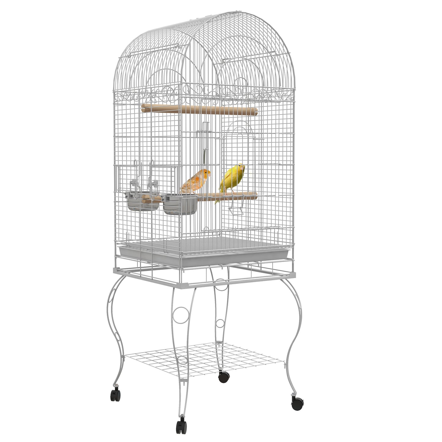 PawHut Jaula de Pájaros con Ruedas Jaula de Aves Exterior con Bandeja Extraíble Rejilla 2 Cuencos de Acero Inoxidable Estante y Percha para Periquitos 51x51x153 cm Blanco