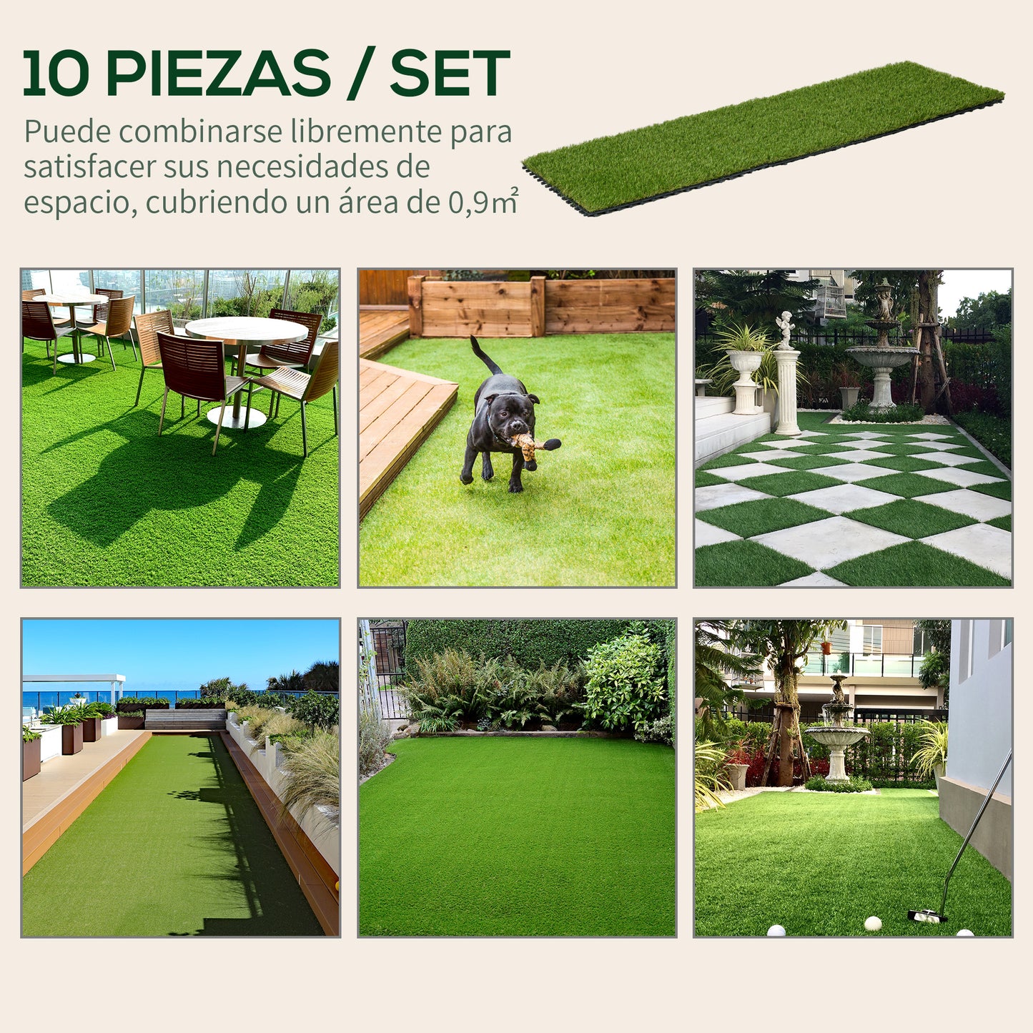 Outsunny Césped Artificial de 10 Piezas 30x30 cm Césped Sintético con Altura de Hierba 25 mm Anti-UV Alfombra Césped Artificial para Jardín Escuela Patio Verde Oscuro