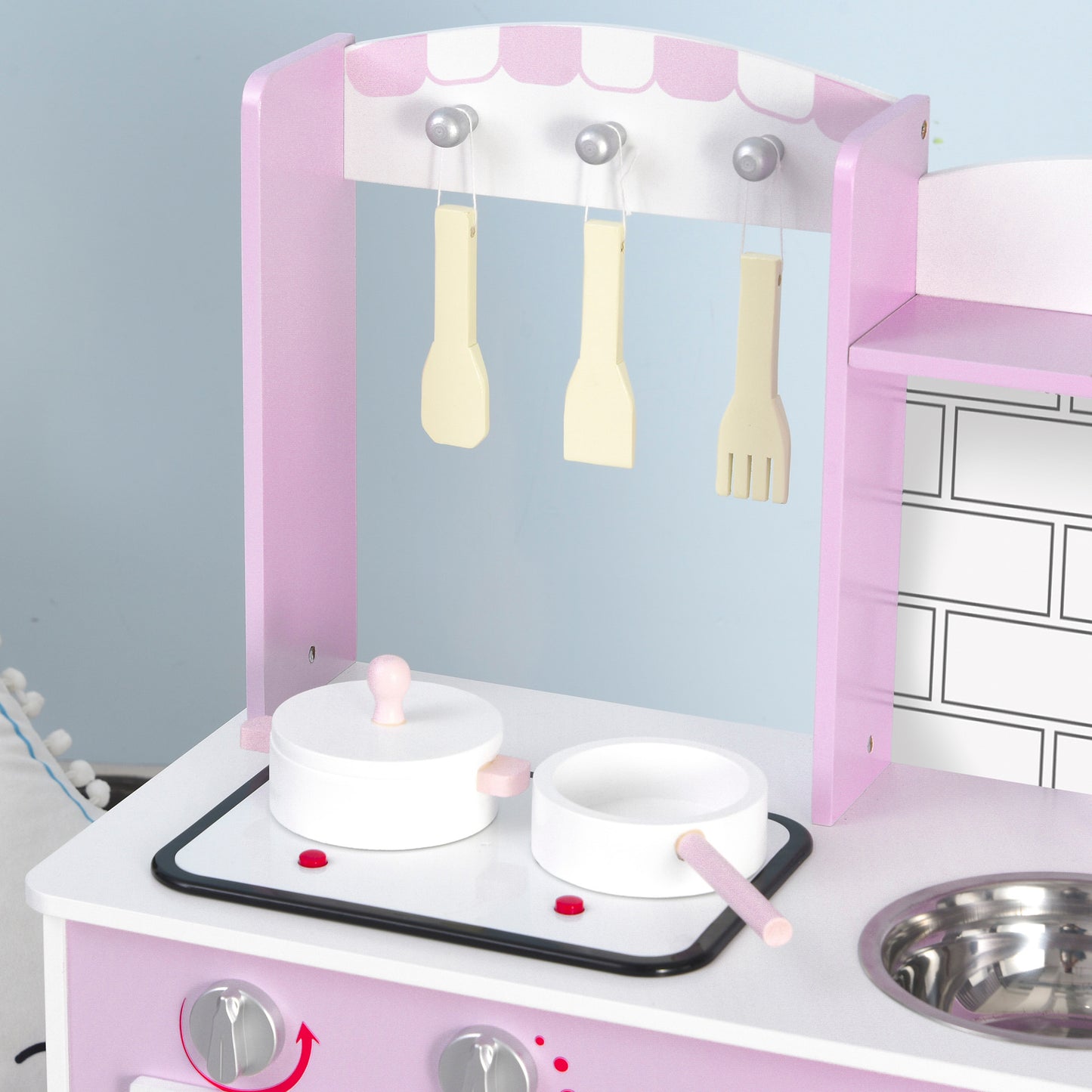 HOMCOM Cocinita de Juguete de Madera para Niños +3 Años 55x30x80 cm con Función de Sonido Armario Ganchos 5 Accesorios Incluidos Cocina Infantil Educativo Rosa