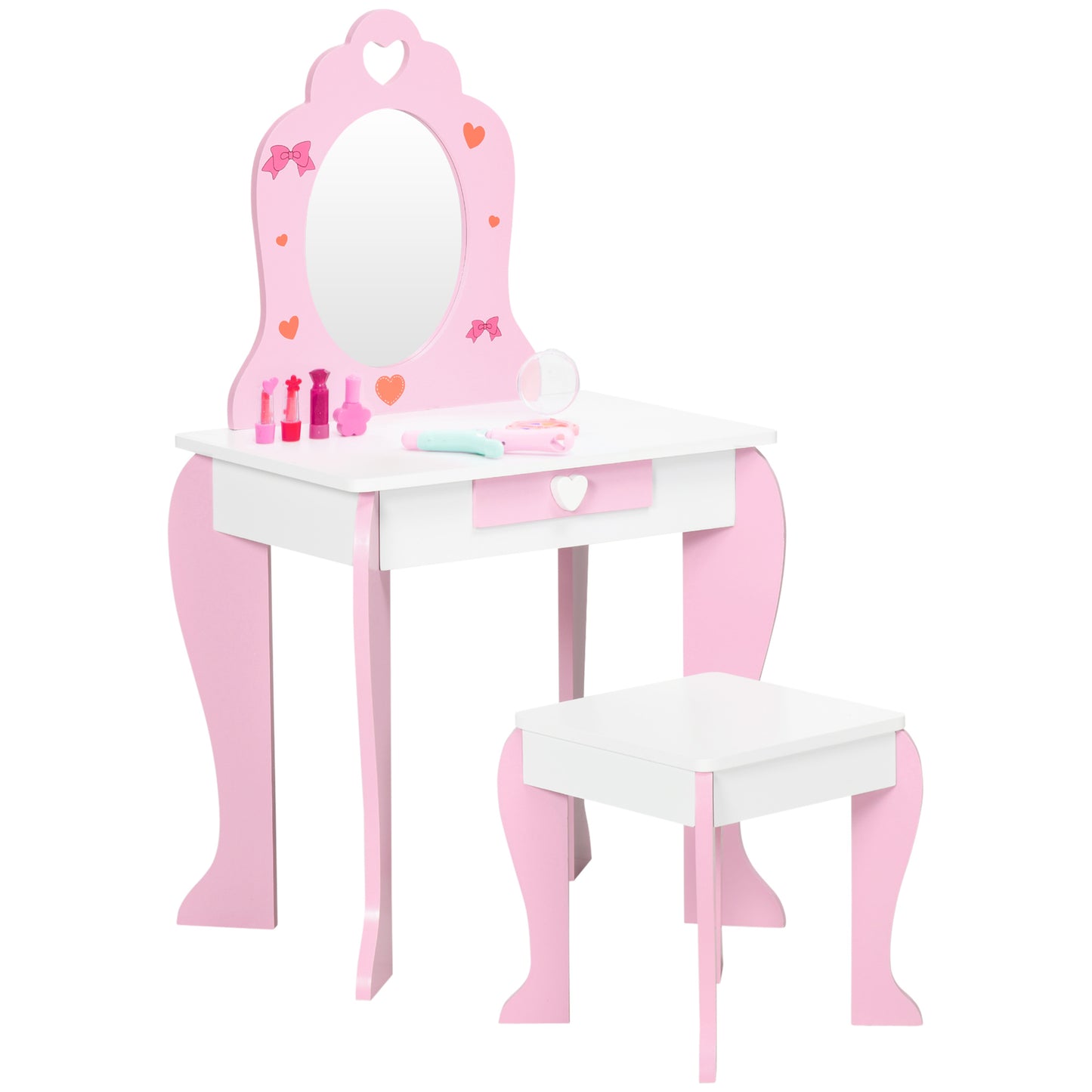 ZONEKIZ Tocador Infantil de Madera Tocador para Niñas con Taburete y Espejo Tocador de Maquillaje para Niñas de 3-6 Años con Cajón 50x36,5x89,5 cm Rosa