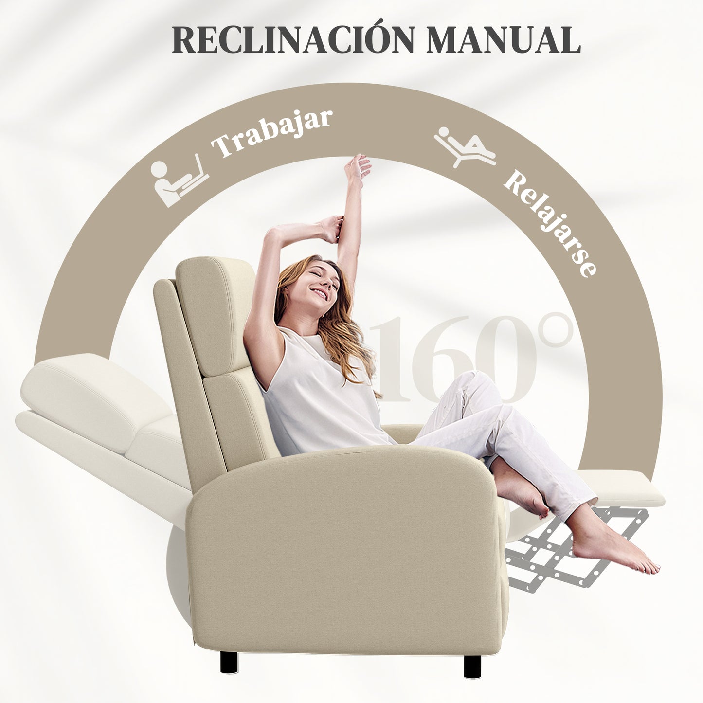 HOMCOM Sillón Relax Reclinable Manual Sillón Relax Tapizado en Lino Sintético con Reposapiés Carga 120 kg Sillón Reclinable para Dormitorio Oficina Crema