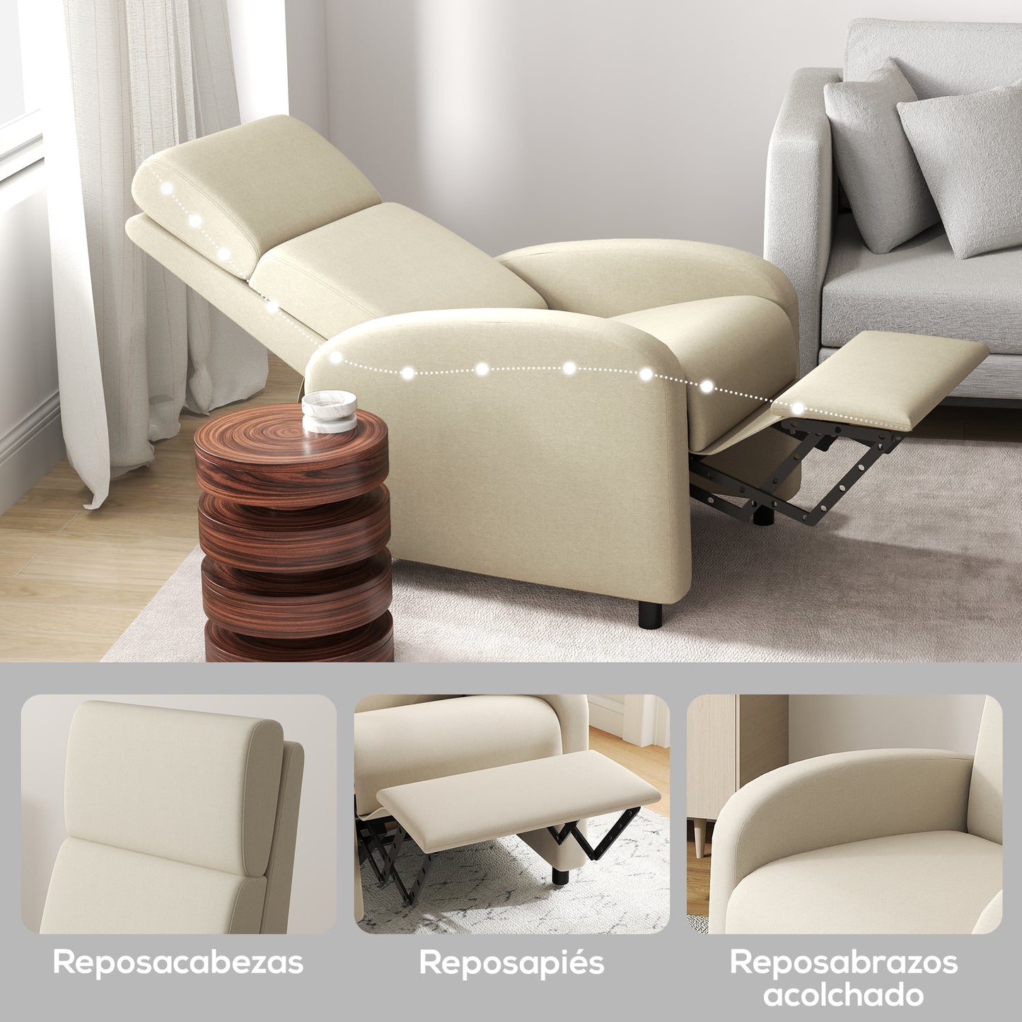 HOMCOM Sillón Relax Reclinable Manual Sillón Relax Tapizado en Lino Sintético con Reposapiés Carga 120 kg Sillón Reclinable para Dormitorio Oficina Crema