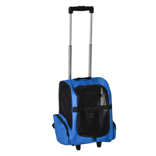 PawHut Transportín Carrito para Mascotas 2 en 1 Mochila de Viaje con 2 Ruedas para Perros Gatos con Asa Retráctil de Aluminio y Bolsillos de Almacenaje 42x25x55 cm Azul