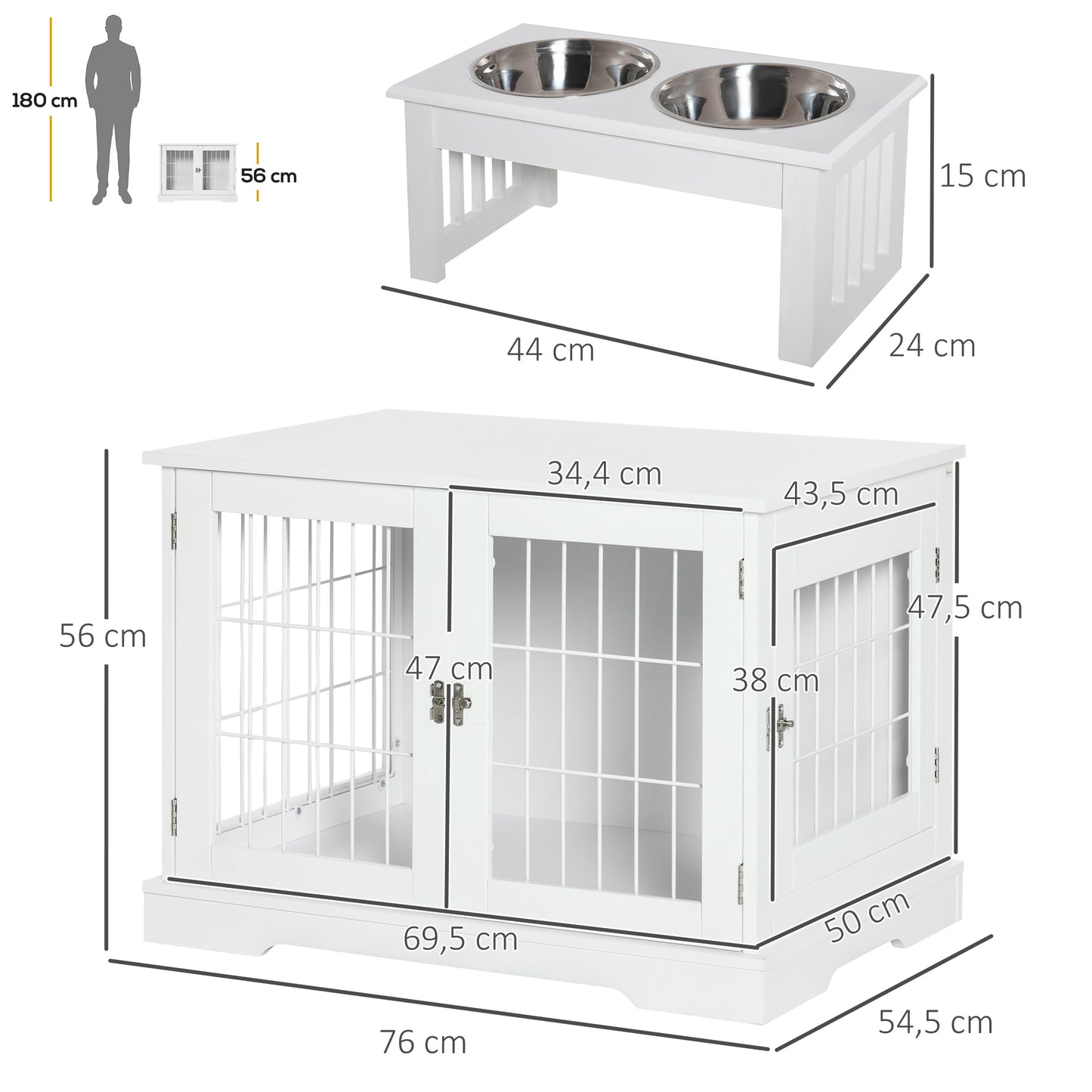 PawHut Conjunto para Mascotas Juego de Jaula para Perros de Madera con 2 Puertas y Comedero Elevado para Perros con 2 Cuencos Extraíbles de Acero 76x54,5x56 cm 44x24x15 cm Blanco