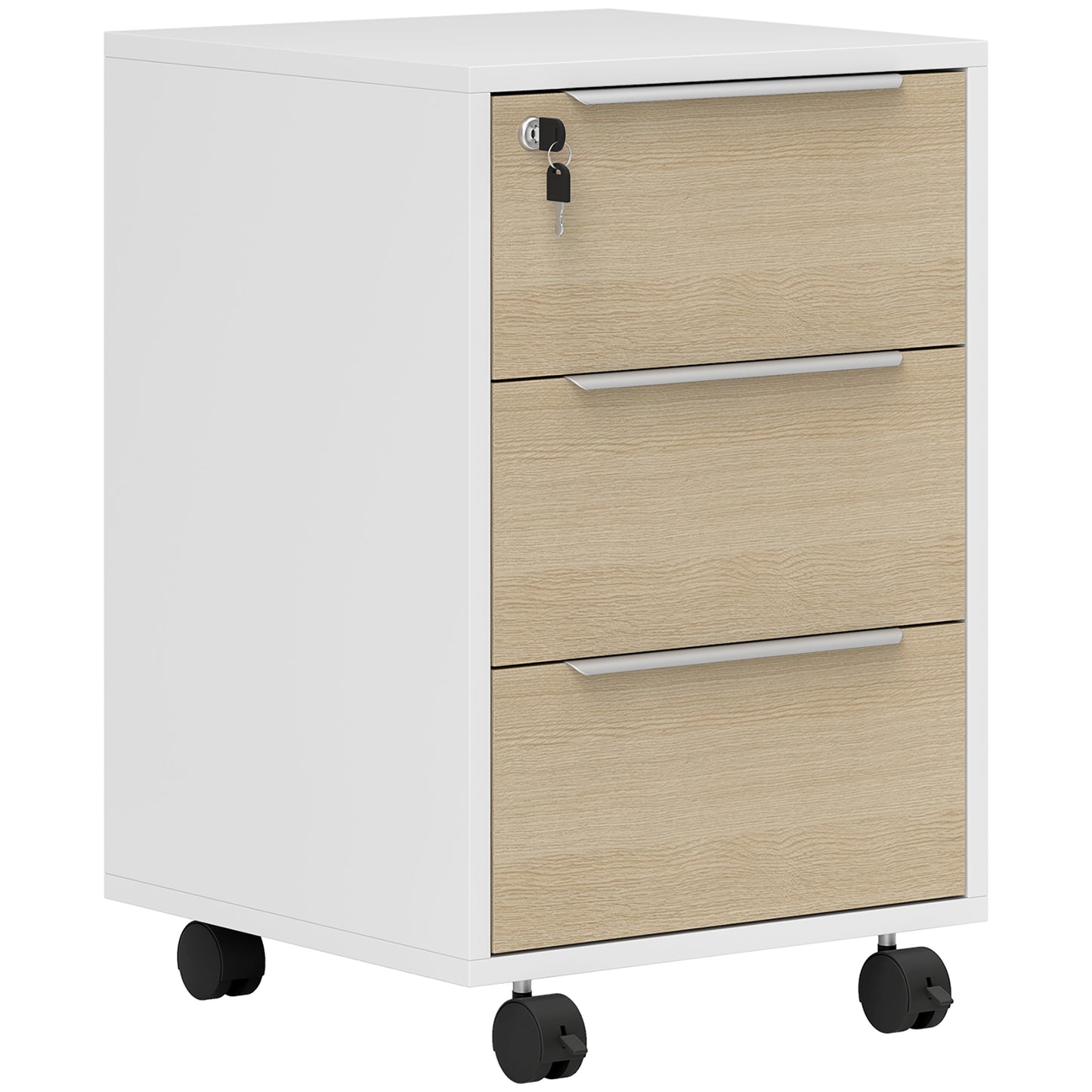 HOMCOM Cajonera de Oficina Mueble Archivador con Ruedas 3 Cajones Cerradura y 2 Llaves para Estudio Salón 40x40x63,5 cm Blanco y Roble