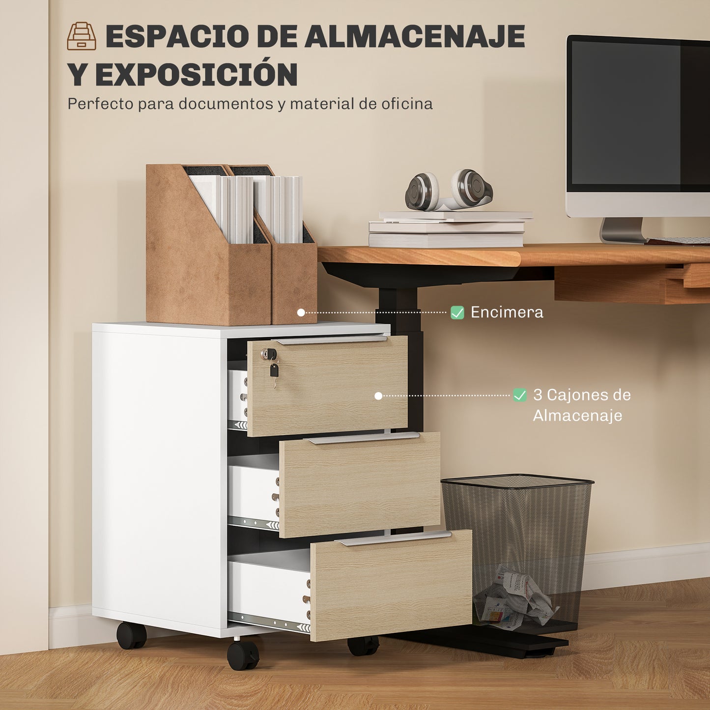 HOMCOM Cajonera de Oficina Mueble Archivador con Ruedas 3 Cajones Cerradura y 2 Llaves para Estudio Salón 40x40x63,5 cm Blanco y Roble