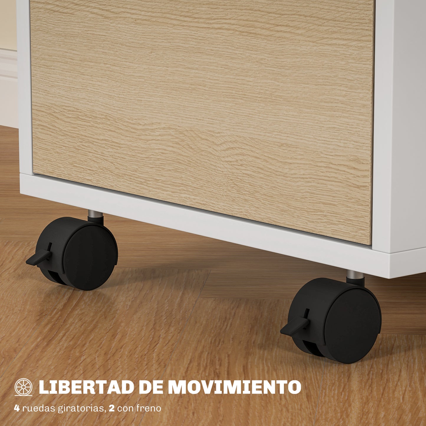 HOMCOM Cajonera de Oficina Mueble Archivador con Ruedas 3 Cajones Cerradura y 2 Llaves para Estudio Salón 40x40x63,5 cm Blanco y Roble