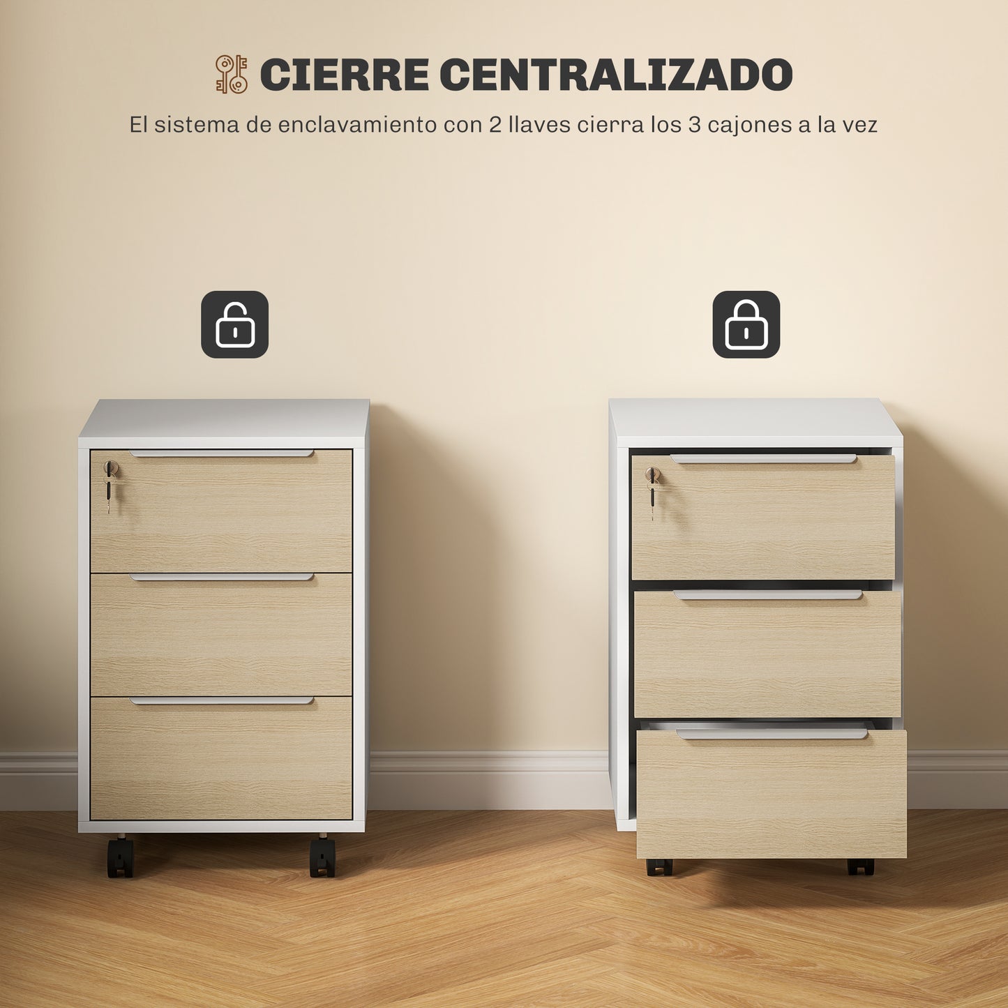 HOMCOM Cajonera de Oficina Mueble Archivador con Ruedas 3 Cajones Cerradura y 2 Llaves para Estudio Salón 40x40x63,5 cm Blanco y Roble