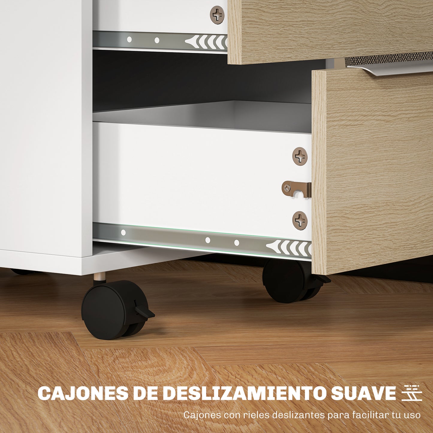 HOMCOM Cajonera de Oficina Mueble Archivador con Ruedas 3 Cajones Cerradura y 2 Llaves para Estudio Salón 40x40x63,5 cm Blanco y Roble