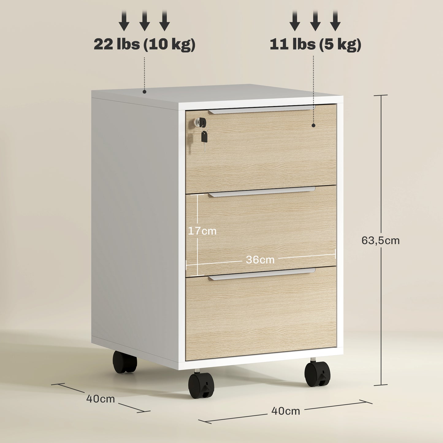 HOMCOM Cajonera de Oficina Mueble Archivador con Ruedas 3 Cajones Cerradura y 2 Llaves para Estudio Salón 40x40x63,5 cm Blanco y Roble