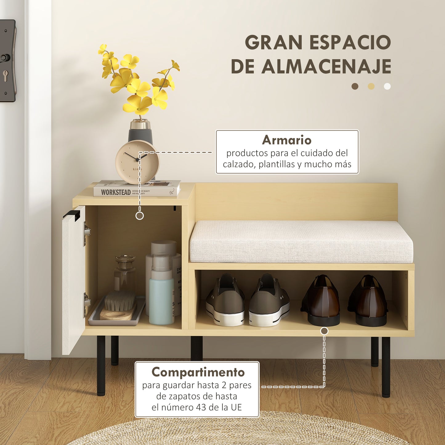 HOMCOM Banco Zapatero Zapatero de Entrada Recibidor con Cojín Puerta y Estante Zapatero con Asiento para Salón Pasillo Dormitorio 80x35x47 cm Natural