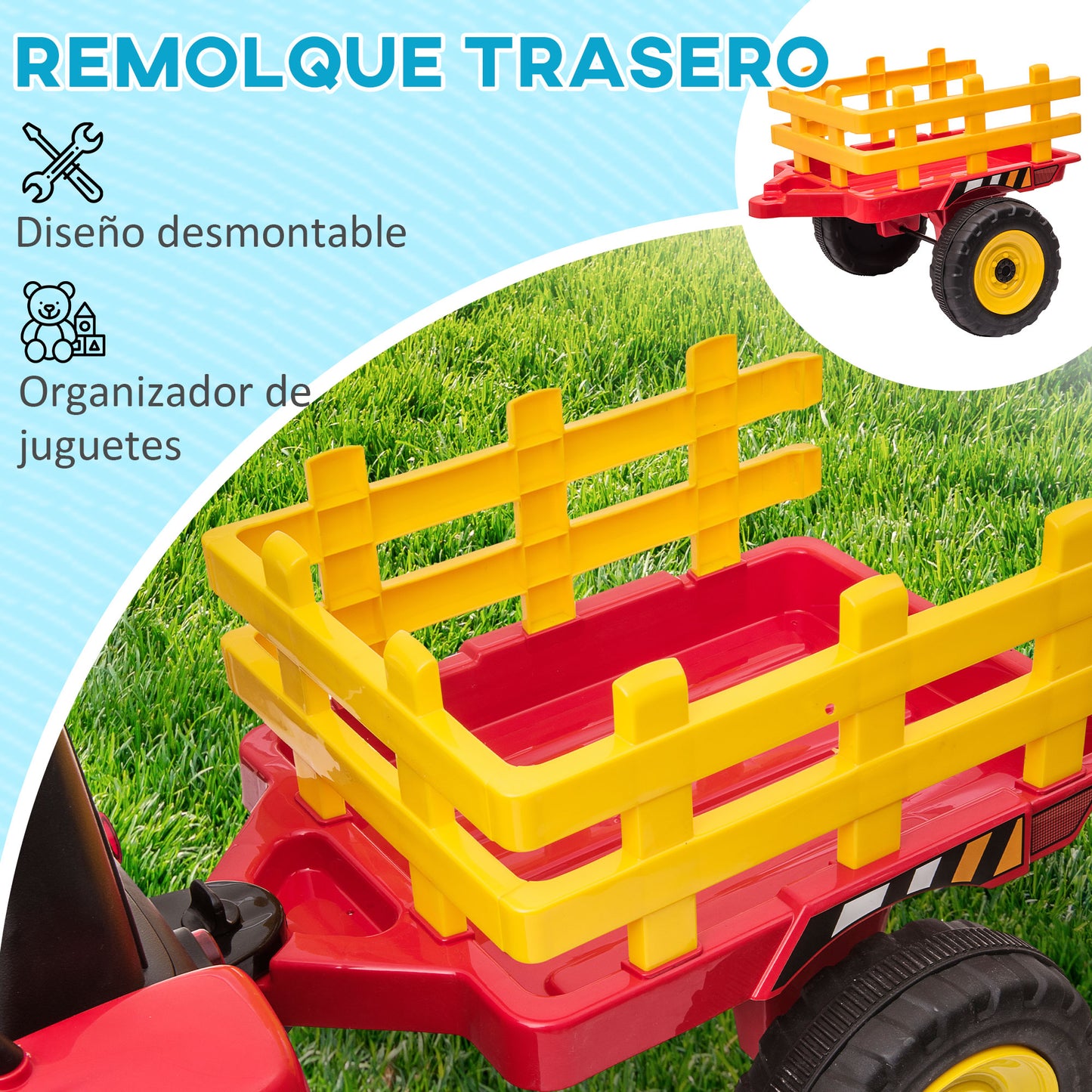 HOMCOM Tractor Eléctrico con Remolque Desmontable Coche Eléctrico para Niños 3-6 Años con Control Remoto Música MP3 Pantalla Luces y Cinturón de Seguridad 136,5x50x52,5 cm Rojo