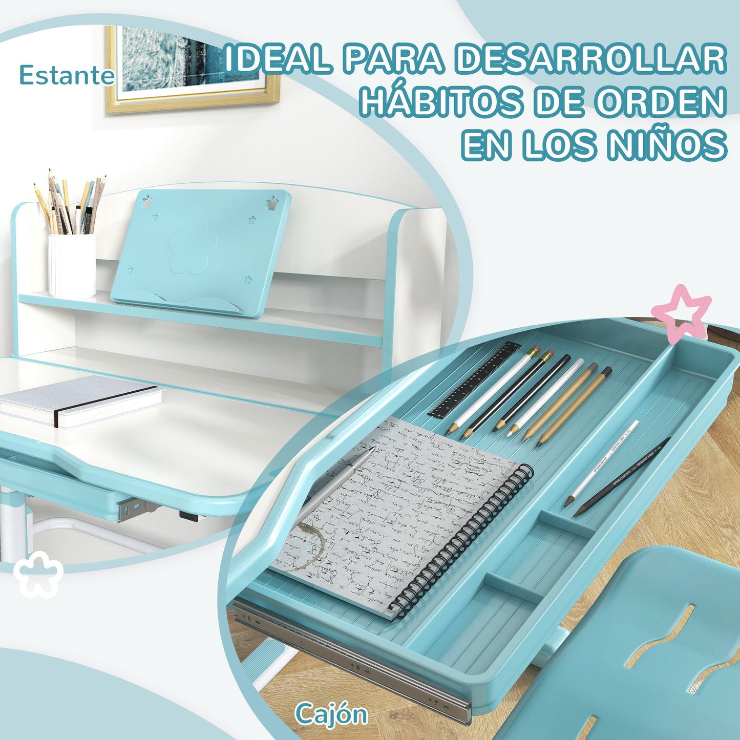 ZONEKIZ Conjunto para Niños Incluye 1 Juego de Escritorio y Silla para Niños Altura Ajustable y 1 Estantería Infantil con 8 Compartimentos Abiertos Azul y Blanco