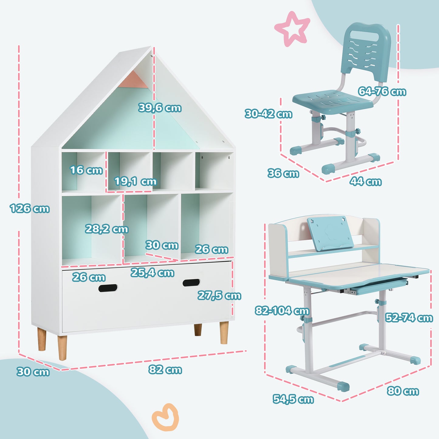 ZONEKIZ Conjunto para Niños Incluye 1 Juego de Escritorio y Silla para Niños Altura Ajustable y 1 Estantería Infantil con 8 Compartimentos Abiertos Azul y Blanco