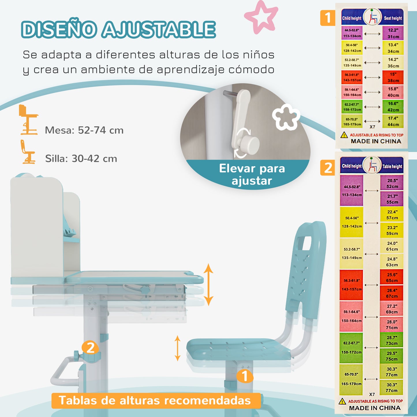 ZONEKIZ Conjunto para Niños Incluye 1 Juego de Escritorio y Silla para Niños Altura Ajustable y 1 Estantería Infantil con 8 Compartimentos Abiertos Azul y Blanco