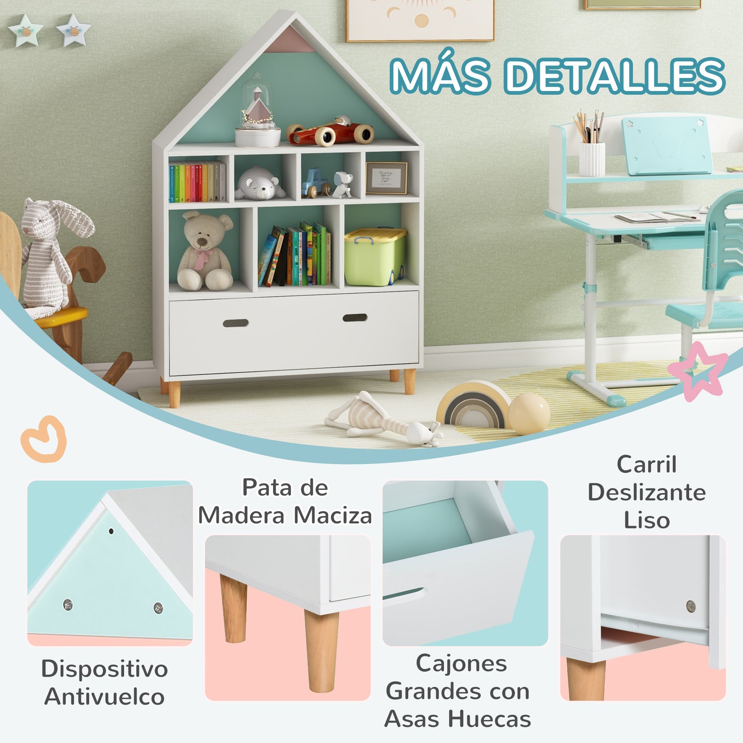 ZONEKIZ Conjunto para Niños Incluye 1 Juego de Escritorio y Silla para Niños Altura Ajustable y 1 Estantería Infantil con 8 Compartimentos Abiertos Azul y Blanco