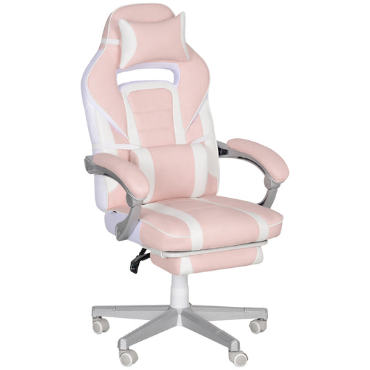 HOMCOM Silla Gaming Silla Gamer Reclinable con Altura Ajustable Reposapiés Retráctil Soporte Lumbar y Reposacabezas Desmontable Silla para Oficina Estudio Rosa