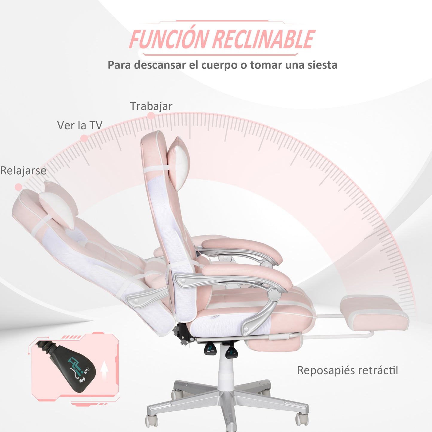 HOMCOM Silla Gaming Silla Gamer Reclinable con Altura Ajustable Reposapiés Retráctil Soporte Lumbar y Reposacabezas Desmontable Silla para Oficina Estudio Rosa