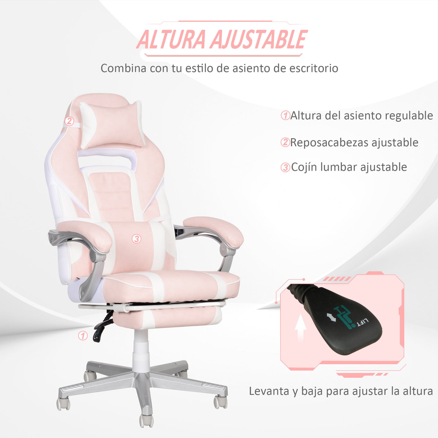 HOMCOM Silla Gaming Silla Gamer Reclinable con Altura Ajustable Reposapiés Retráctil Soporte Lumbar y Reposacabezas Desmontable Silla para Oficina Estudio Rosa