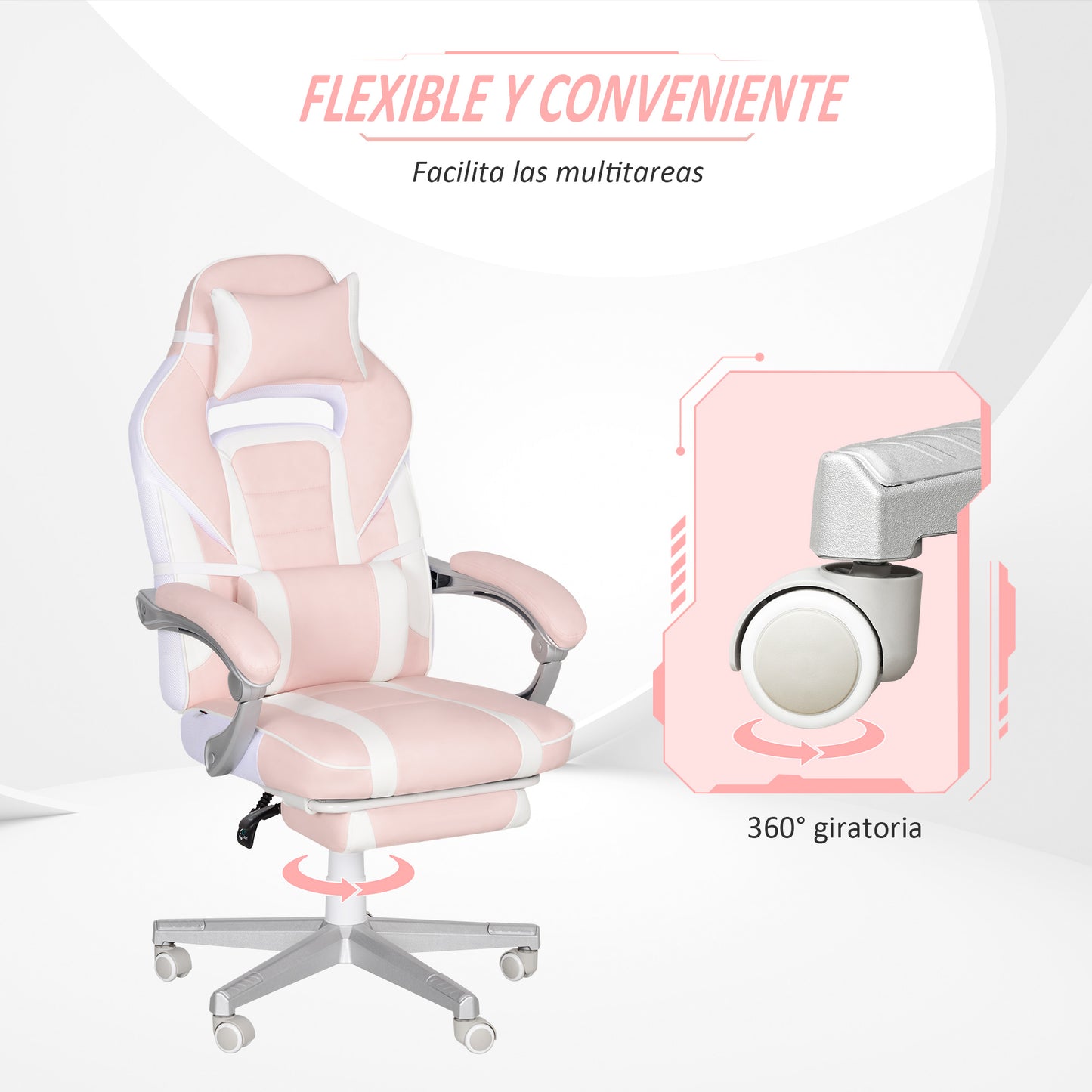 HOMCOM Silla Gaming Silla Gamer Reclinable con Altura Ajustable Reposapiés Retráctil Soporte Lumbar y Reposacabezas Desmontable Silla para Oficina Estudio Rosa