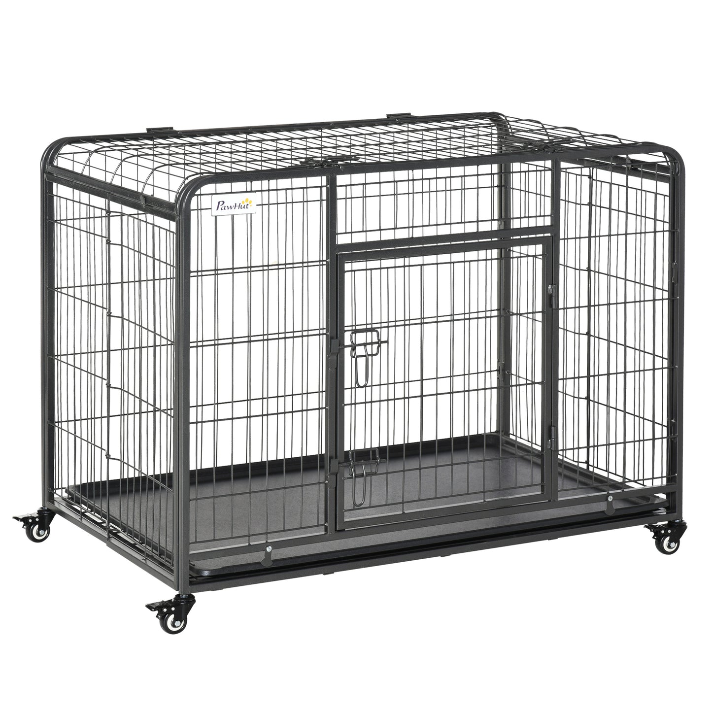 PawHut Jaula de Metal para Perros Plegable con Ruedas y Frenos Bandeja Extraíble y Puerta con Pestillos para Golden Retriver Labrador 109,5x71x78 cm Gris Oscuro