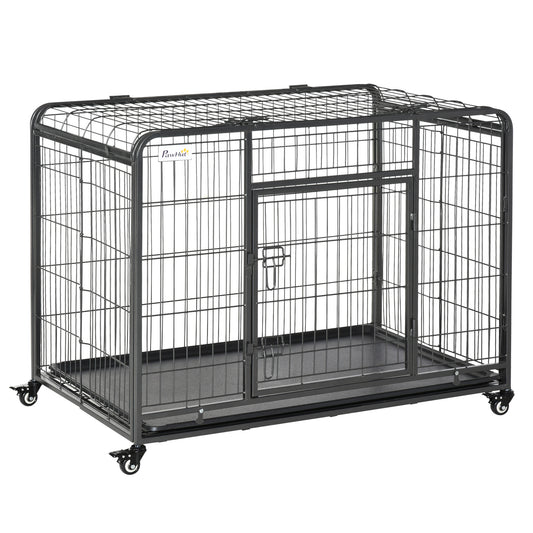 PawHut Jaula de Metal para Perros Plegable con Ruedas y Frenos Bandeja Extraíble y Puerta con Pestillos para Golden Retriver Labrador 109,5x71x78 cm Gris Oscuro