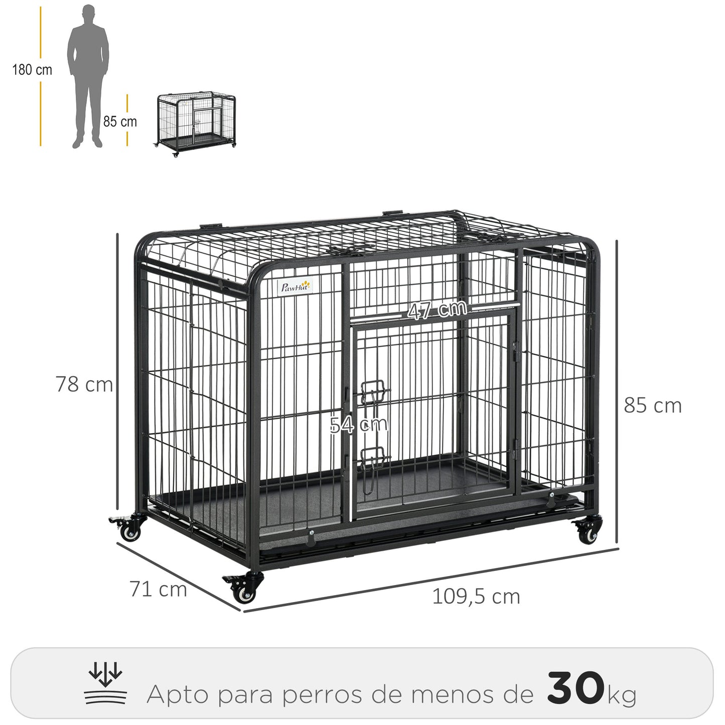 PawHut Jaula de Metal para Perros Plegable con Ruedas y Frenos Bandeja Extraíble y Puerta con Pestillos para Golden Retriver Labrador 109,5x71x78 cm Gris Oscuro