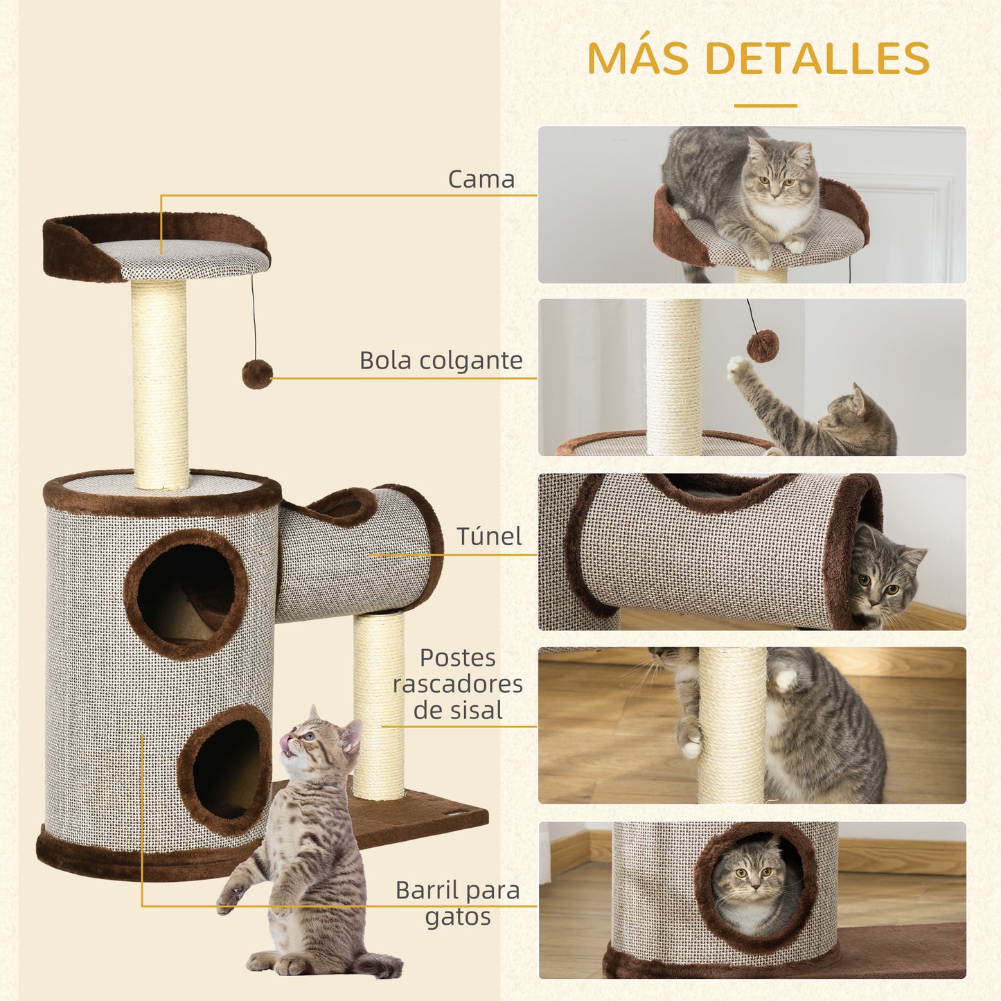 PawHut Árbol Rascador para Gatos Mediano Altura 104 cm Torre Escalador de Gato con Barril Rascador Cama Superior Túnel Postes de Sisal y Bola Colgante 75x39x104 cm Marrón