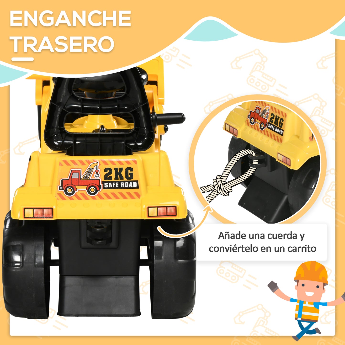 HOMCOM Tractor sin Pedales para Niños de +3 Años Excavadora Correpasillos Tractor Correpasillos con Pala Móvil Asiento de Almacenamiento y Bocina Carga 30 kg 83x27x39 cm Amarillo